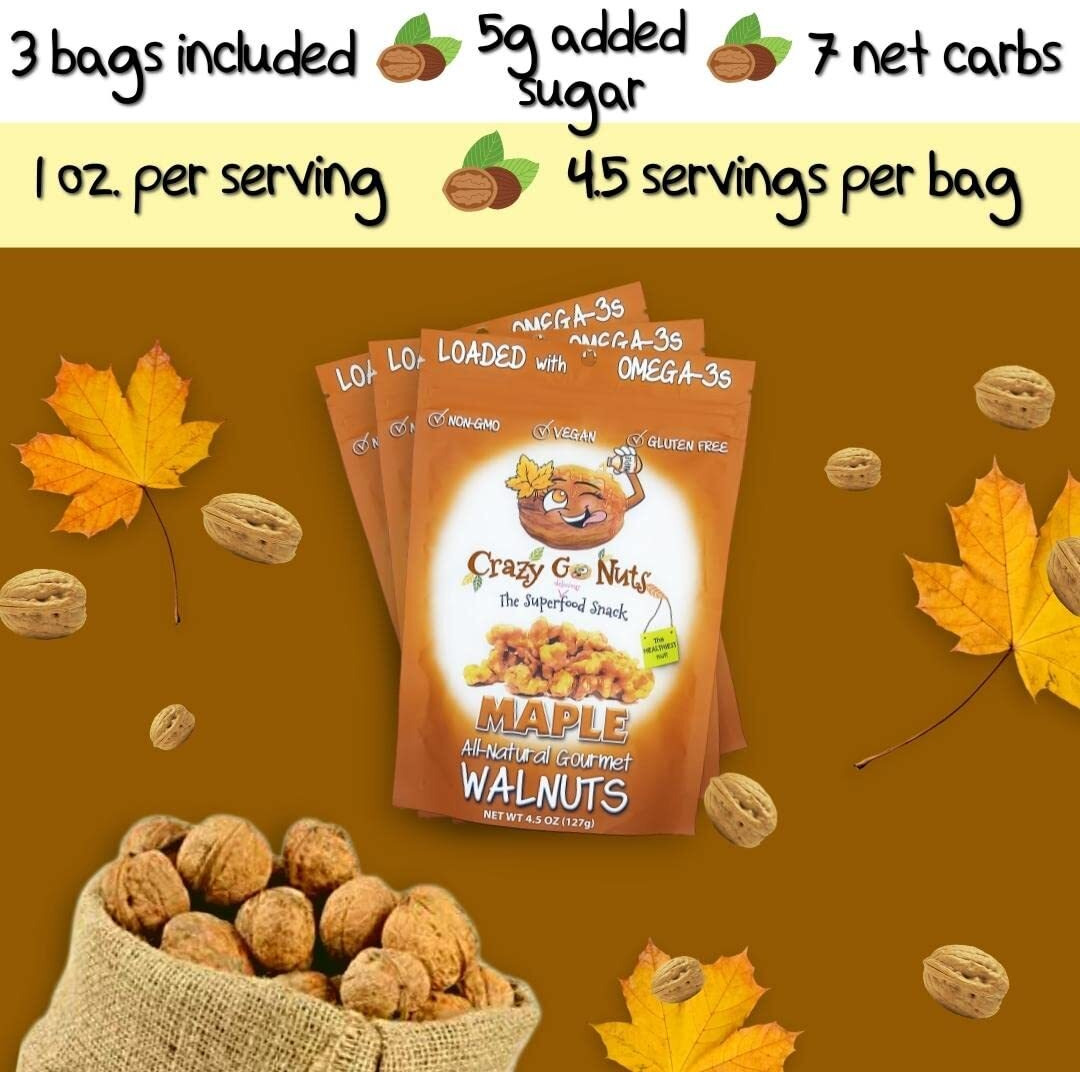 Crazy Go Nuts Walnuts - Maple, 4.5 Oz (3-Pack) - Healthy Snacks, Vegan, Low Carb, Gluten Free, Superfood - Natural, Non-Gmo, Ala, Omega 3 Fatty Acids, Good Fats, And Antioxidants