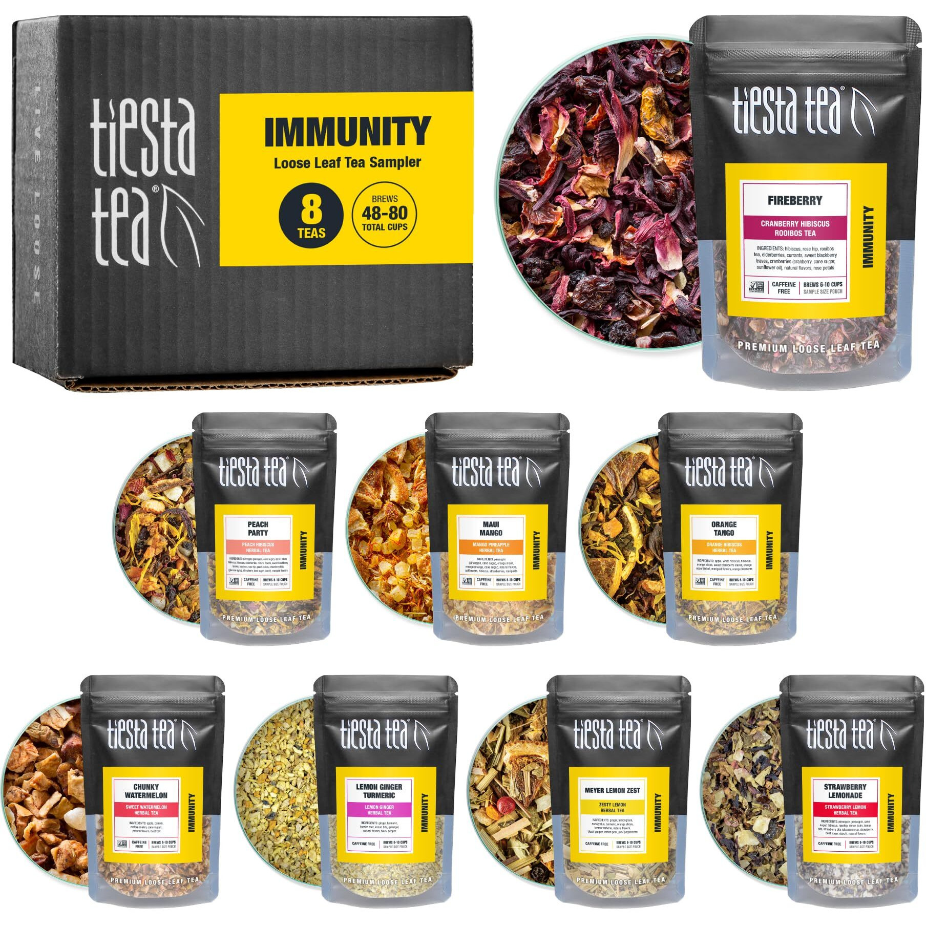 Tiesta Tea - Herbal & Rooibos Tea Dry Flight Sampler, Premium Loose Leaf Tea - Herbal, Rooibos, Hibiscus & Turmeric Tea - 8 Resealable Sample Pouches