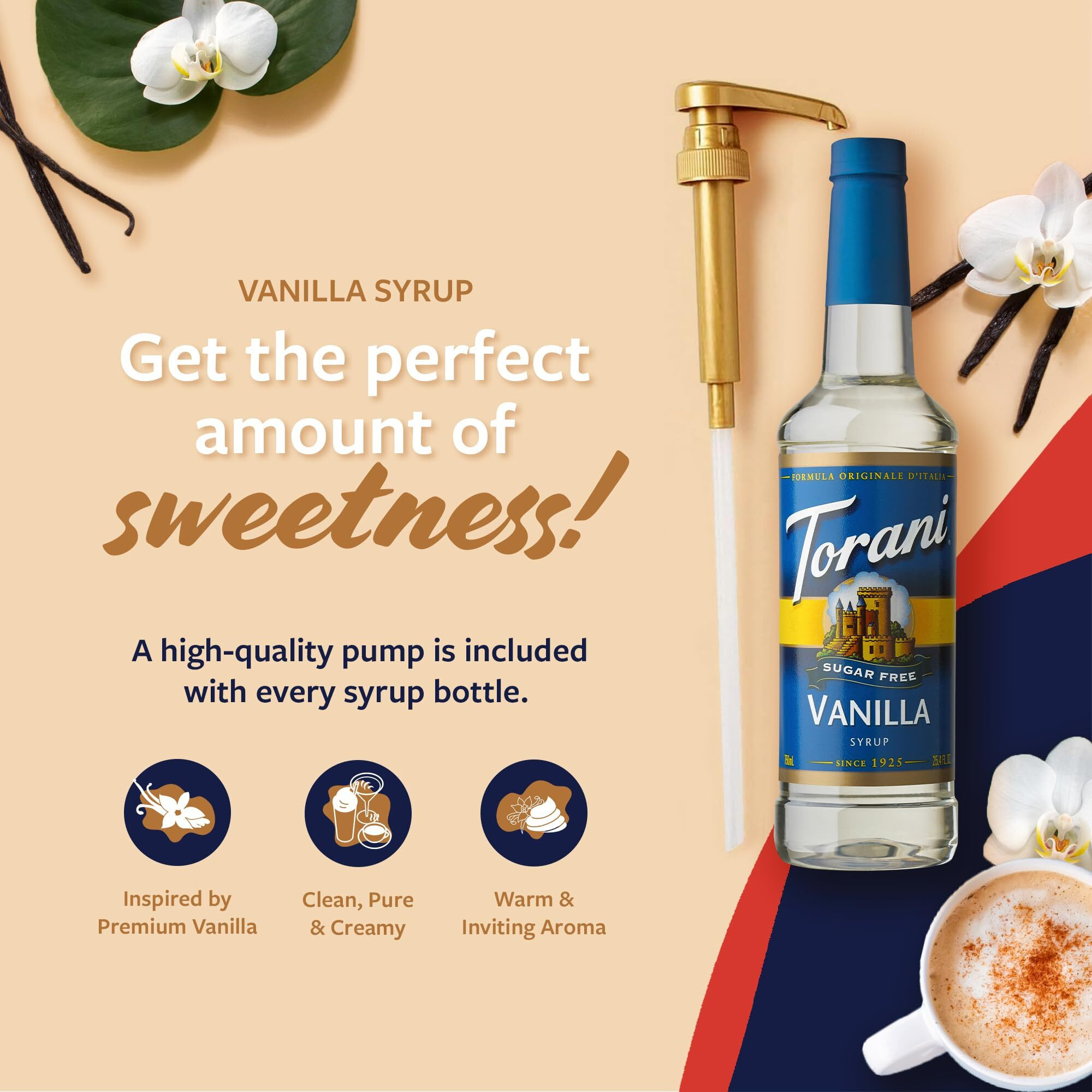 Torani Sugar Free Coffee Syrup, Vanilla Flavored Syrup For Drinks, Zero Calorie, Pump Included, 25.4 Fl Oz