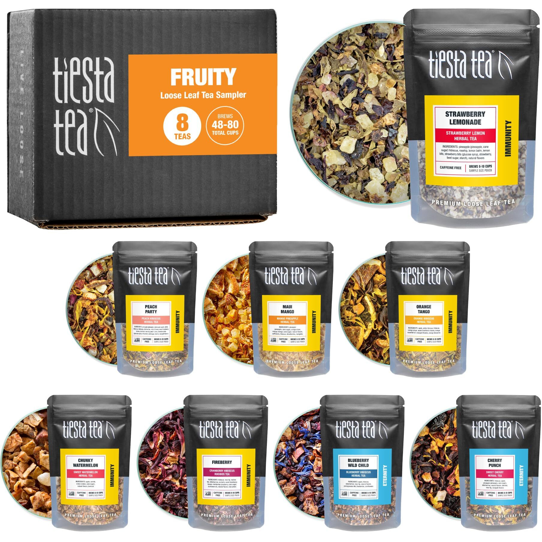 Tiesta Tea - Fruity Tea Sampler | 8 Exotic Loose Leaf Tea Blends - Caffeine Free Loose Leaf Tea Sampler | Assorted Fruit & Herbal Teas, Peach, Mango, Cherry - 8 Resealable Sample Pouches