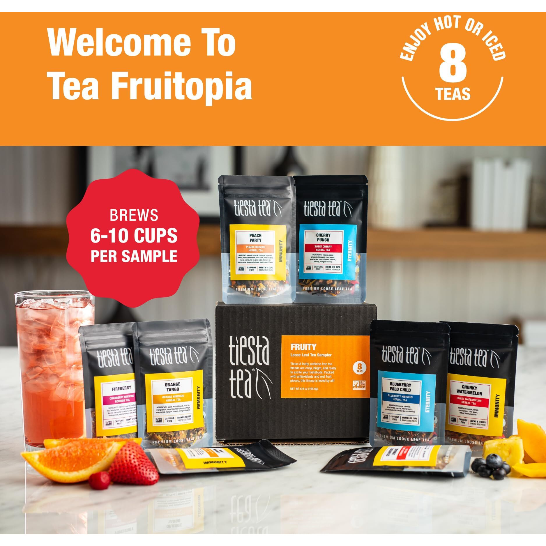 Tiesta Tea - Fruity Tea Sampler | 8 Exotic Loose Leaf Tea Blends - Caffeine Free Loose Leaf Tea Sampler | Assorted Fruit & Herbal Teas, Peach, Mango, Cherry - 8 Resealable Sample Pouches