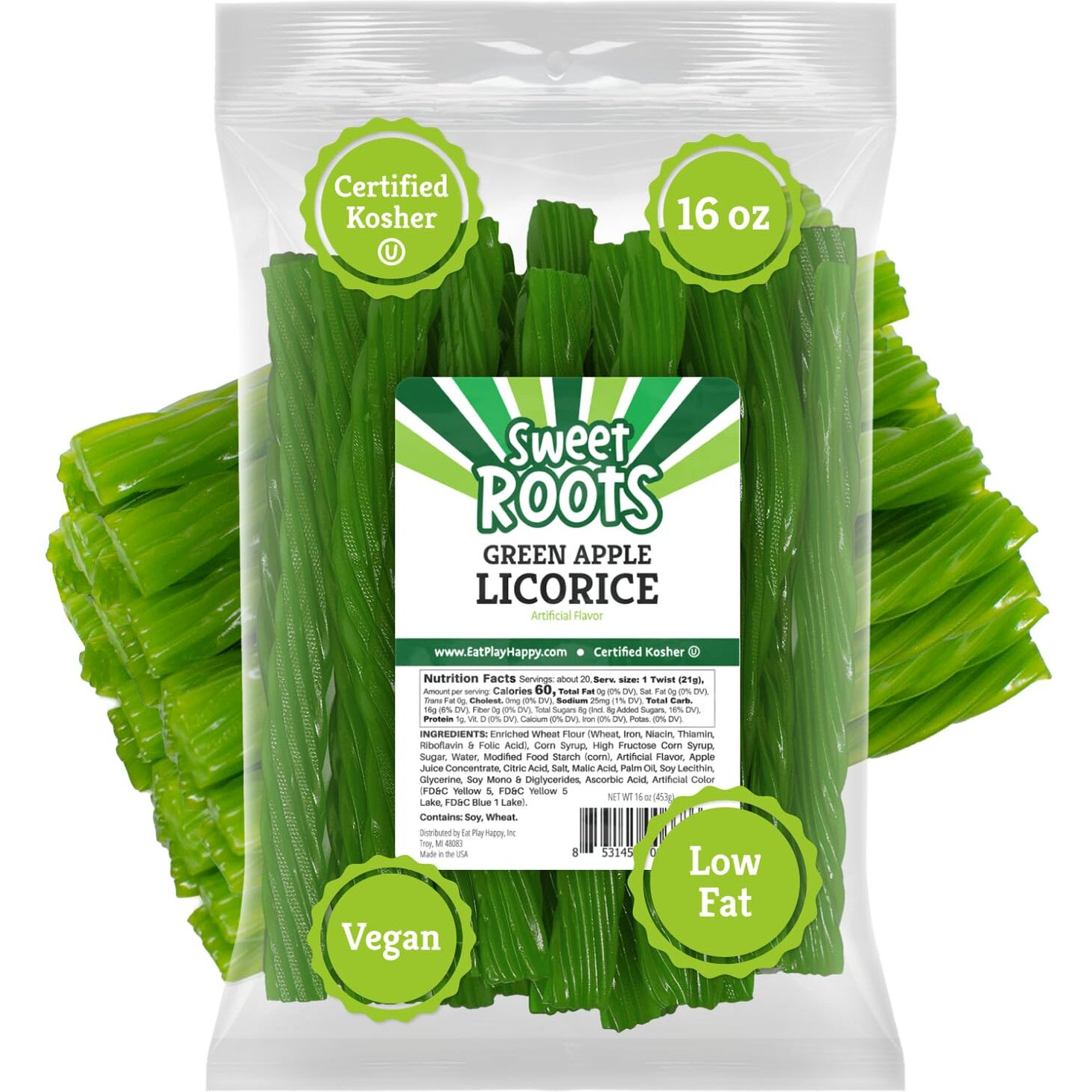 Sweet Roots Green Apple Licorice Twists (16 Oz / 1 Bag) - Jumbo Size - Made With Real Fruit Juice Concentrate - Certified Kosher - Vegan - Fat Free
