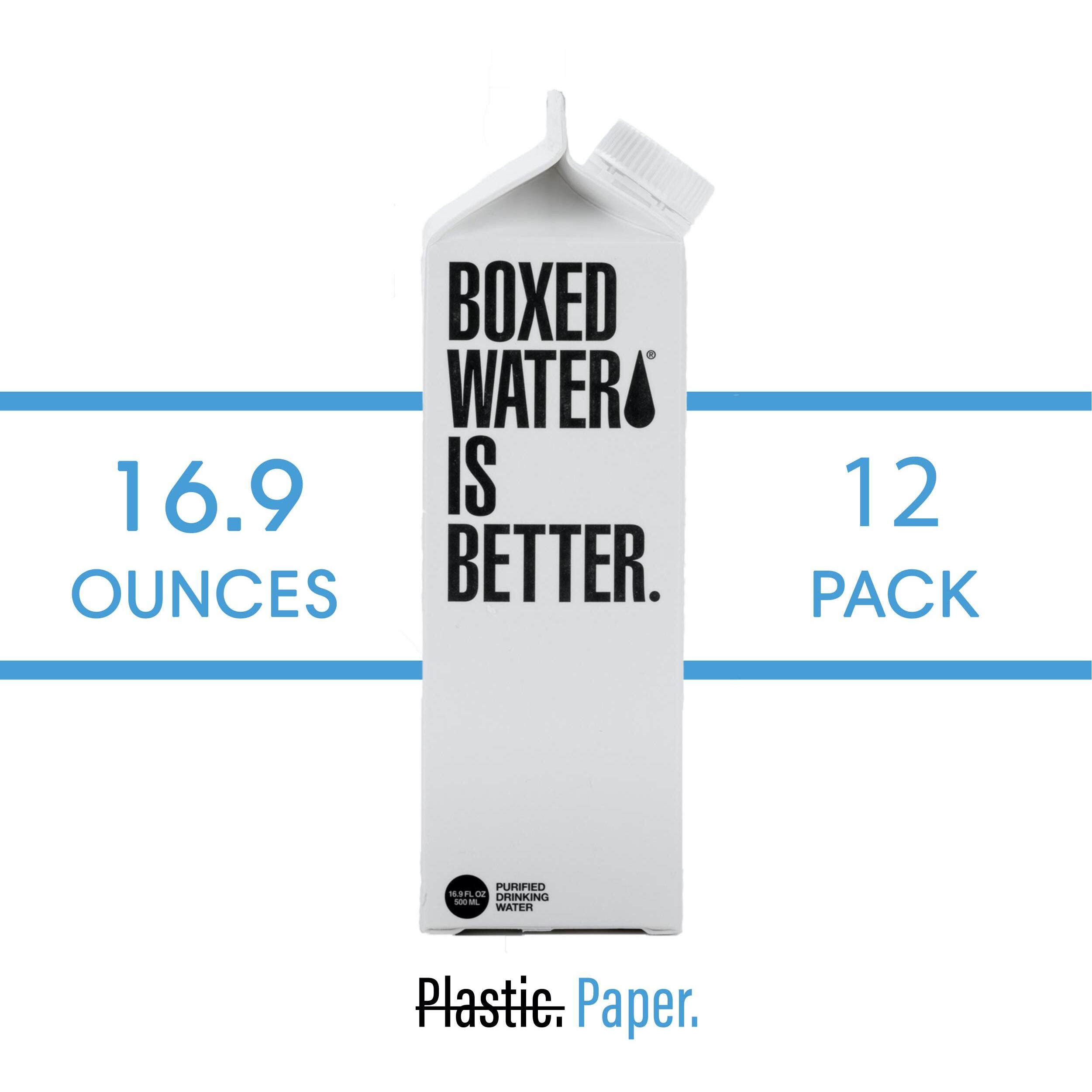Boxed Water 16.9 Oz. (12 Pack) - Purified Drinking Water In 92% Plant- Based Boxes - 100% Recyclable, Bpa-Free, Refillable/Reusable Cartons - More Sustainable Than Plastic Bottled Water