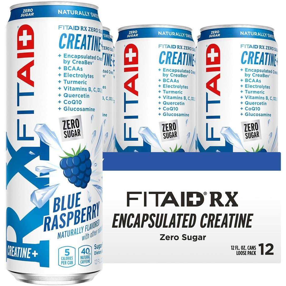Fitaid Rx Zero Sugar, Encapsulated Creatine, Workout Recovery Drink, All-In-One Blend, Bcaas, Glucosamine, Turmeric, B-Complex, Naturally Sweetened, Blue Raspberry, 12 Fl Oz (Pack Of 12)