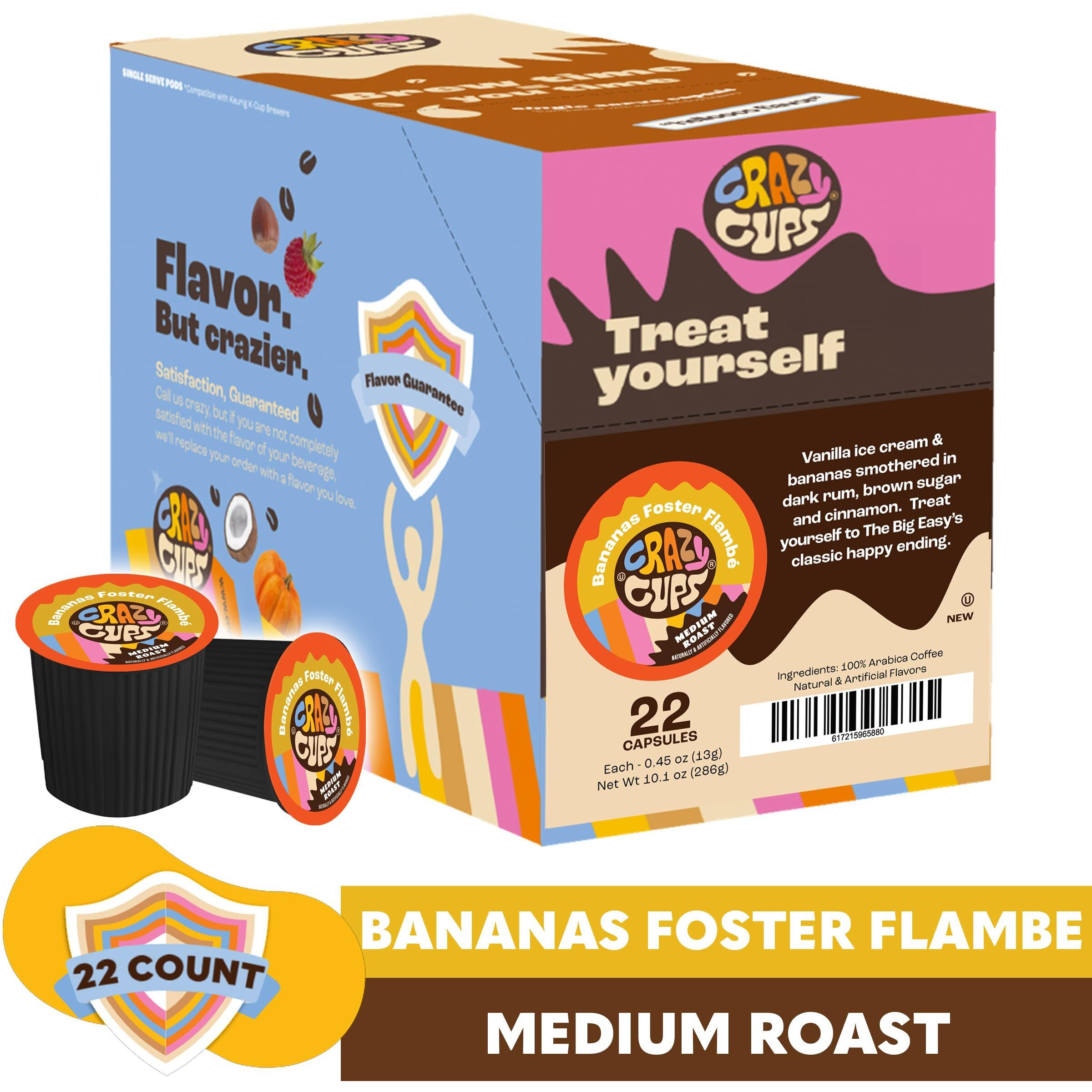 Crazy Cups Flavored Coffee For Keurig K-Cup Machines, Bananas Foster Flambe', Hot Or Iced Drinks, 22 Single Serve, Recyclable Pods