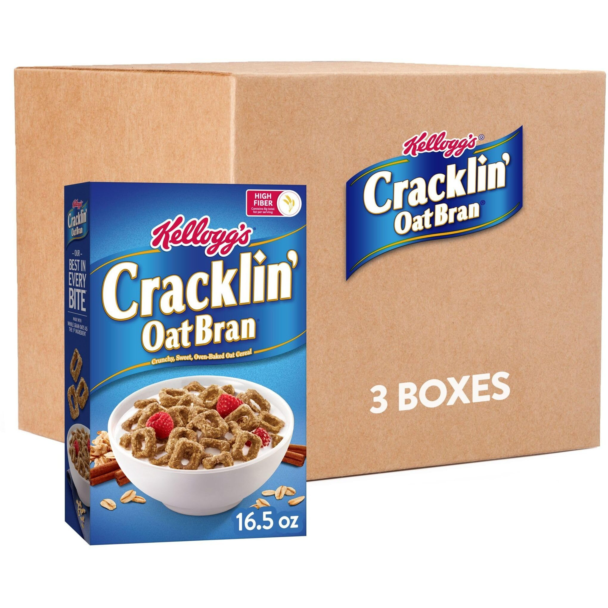 Kellogg's Cracklin' Oat Bran Breakfast Cereal, Fiber Cereal, Family Cereal, Original (3 Boxes)