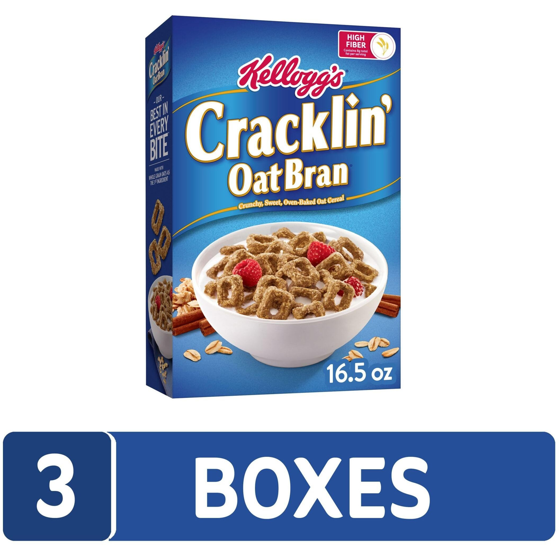 Kellogg's Cracklin' Oat Bran Breakfast Cereal, Fiber Cereal, Family Cereal, Original (3 Boxes)