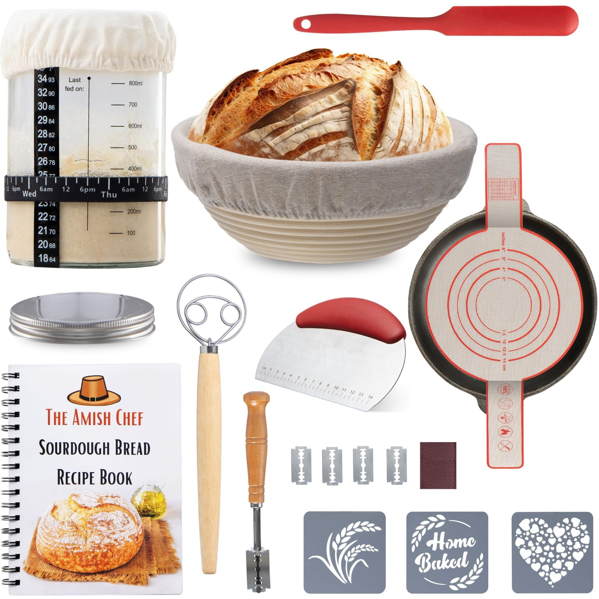 Complete Sourdough Bread Starter Kit, Glass Sourdough Starter Jar Kit & Tons Of Sourdough Bread Baking Supplies - Sourdough Starter Kit Includes Sourdough Jar, Banneton Bread Proofing Basket & More