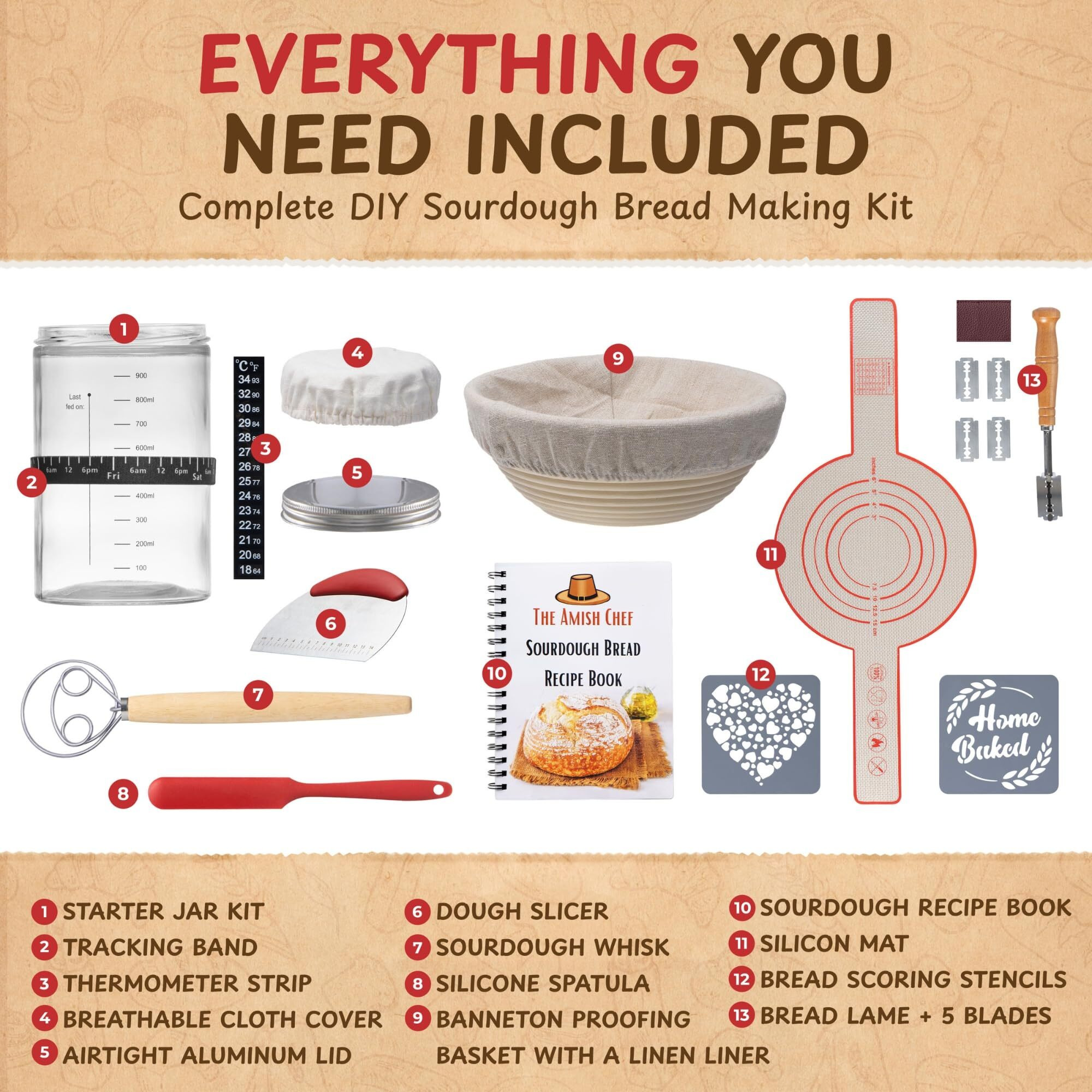 Complete Sourdough Bread Starter Kit, Glass Sourdough Starter Jar Kit & Tons Of Sourdough Bread Baking Supplies - Sourdough Starter Kit Includes Sourdough Jar, Banneton Bread Proofing Basket & More
