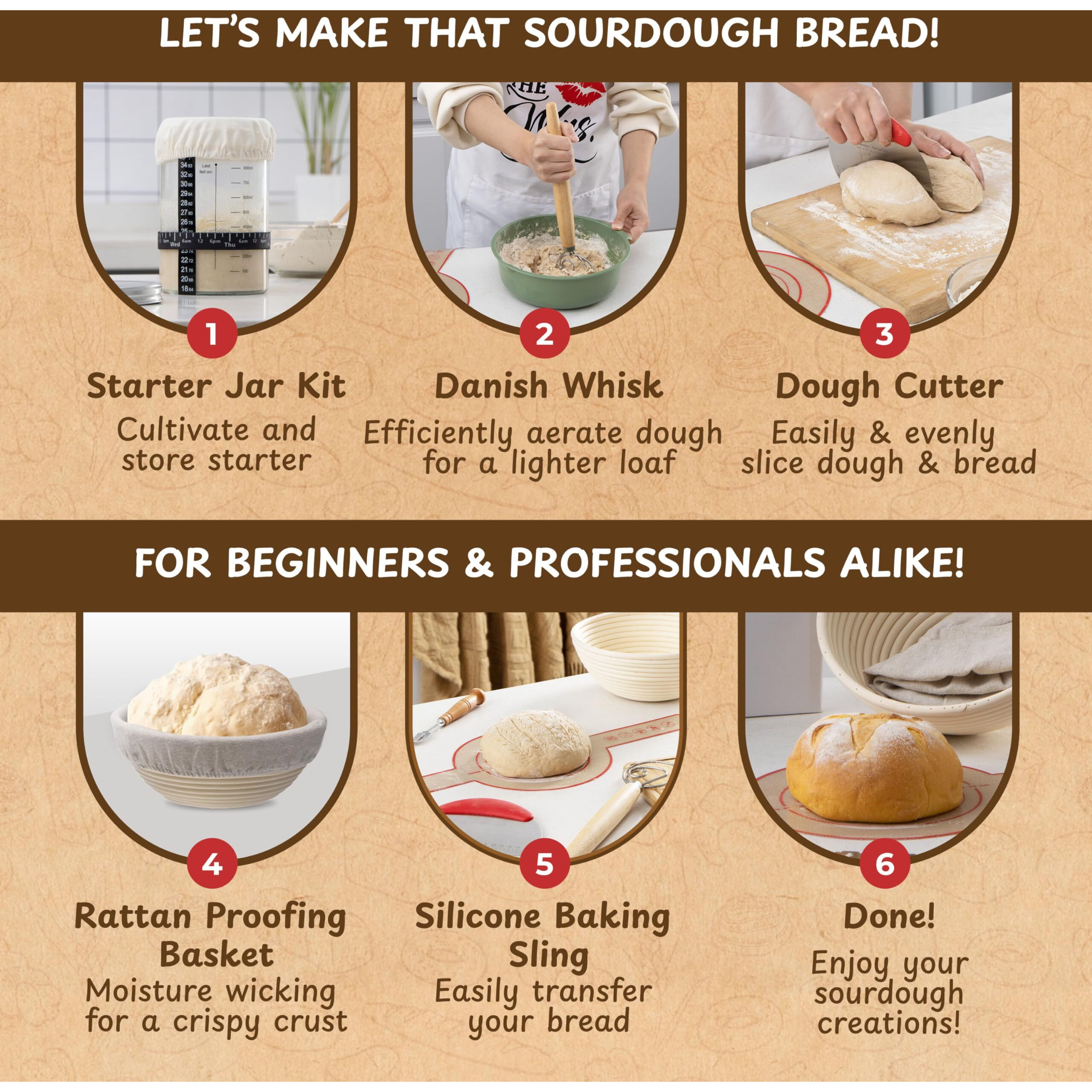 Complete Sourdough Bread Starter Kit, Glass Sourdough Starter Jar Kit & Tons Of Sourdough Bread Baking Supplies - Sourdough Starter Kit Includes Sourdough Jar, Banneton Bread Proofing Basket & More
