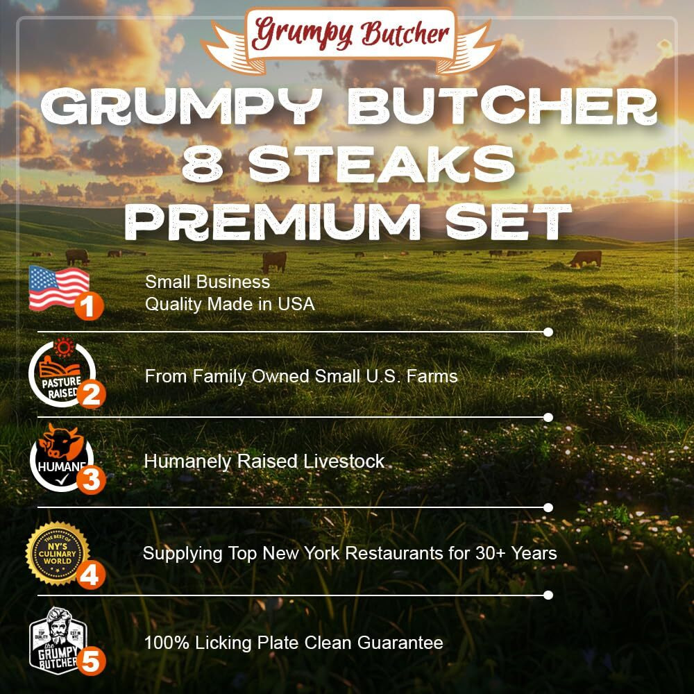 Grumpy Butcher 8 Steaks Premium Set - 4 Ny Strip Steaks (10 Oz), 2 Ribeye (14 Oz), 2 Filet Mignon (8 Oz) | Steak House Quality, Handcut & Trimmed | Usda Prime Or Top Angus Choice Beef
