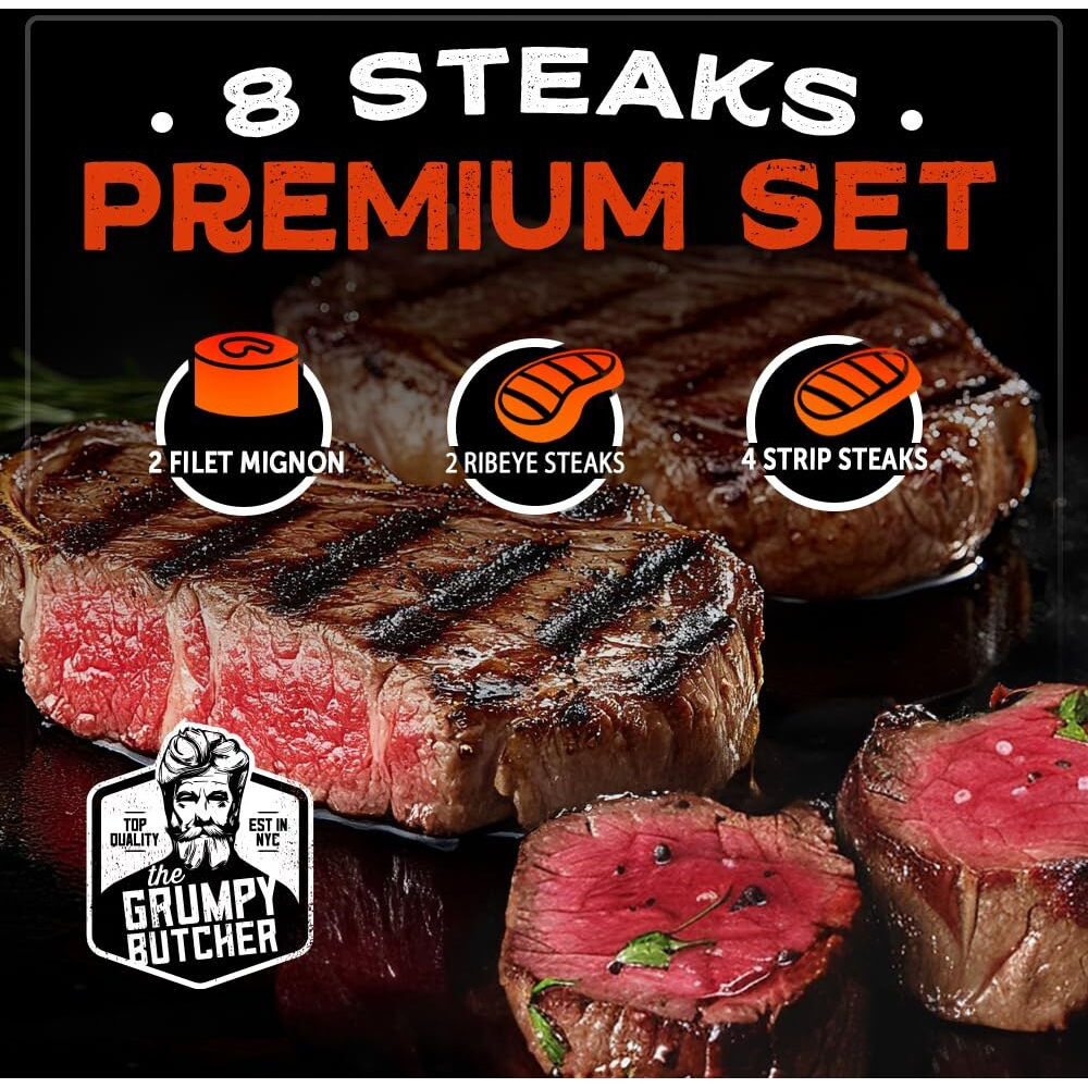 Grumpy Butcher 8 Steaks Premium Set - 4 Ny Strip Steaks (10 Oz), 2 Ribeye (14 Oz), 2 Filet Mignon (8 Oz) | Steak House Quality, Handcut & Trimmed | Usda Prime Or Top Angus Choice Beef