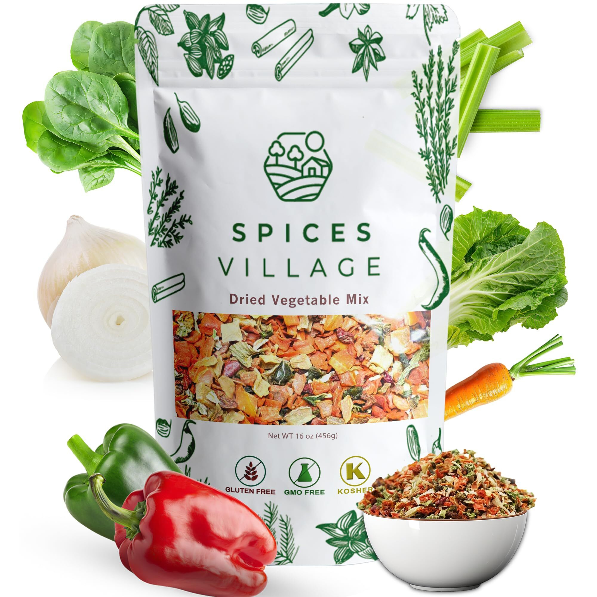 Spices Village Dried Ramen Toppings [ 1 Lb ] - Dehydrated Vegetables Mixed Vegetables Flakes, Mix Of Carrot, Onion, Red & Green Bell Pepper, Celery, Cabbage & Spinach Flakes - Kosher, Gluten Free, Non Gmo, Resealable Bulk Bag