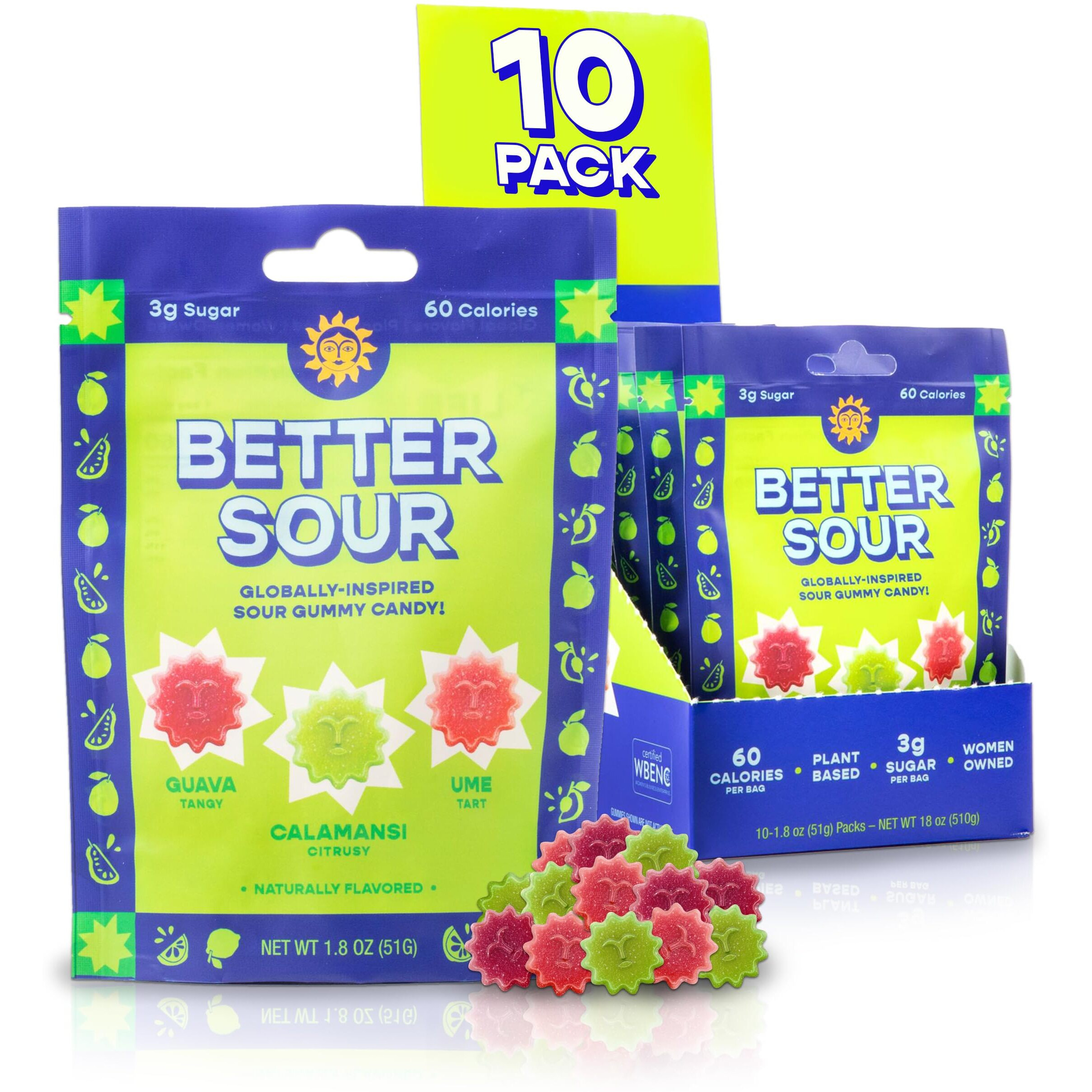 Better Sour Gummies - Guava, Calamansi, Ume - Naturally Flavored, Plant-Based, Low Sugar, Healthy Sour Gummy Candy - 3G Sugar/60 Cal Per 1.8 Oz Bag, Healthy Treats For Kids & Adults (Pack Of 10)