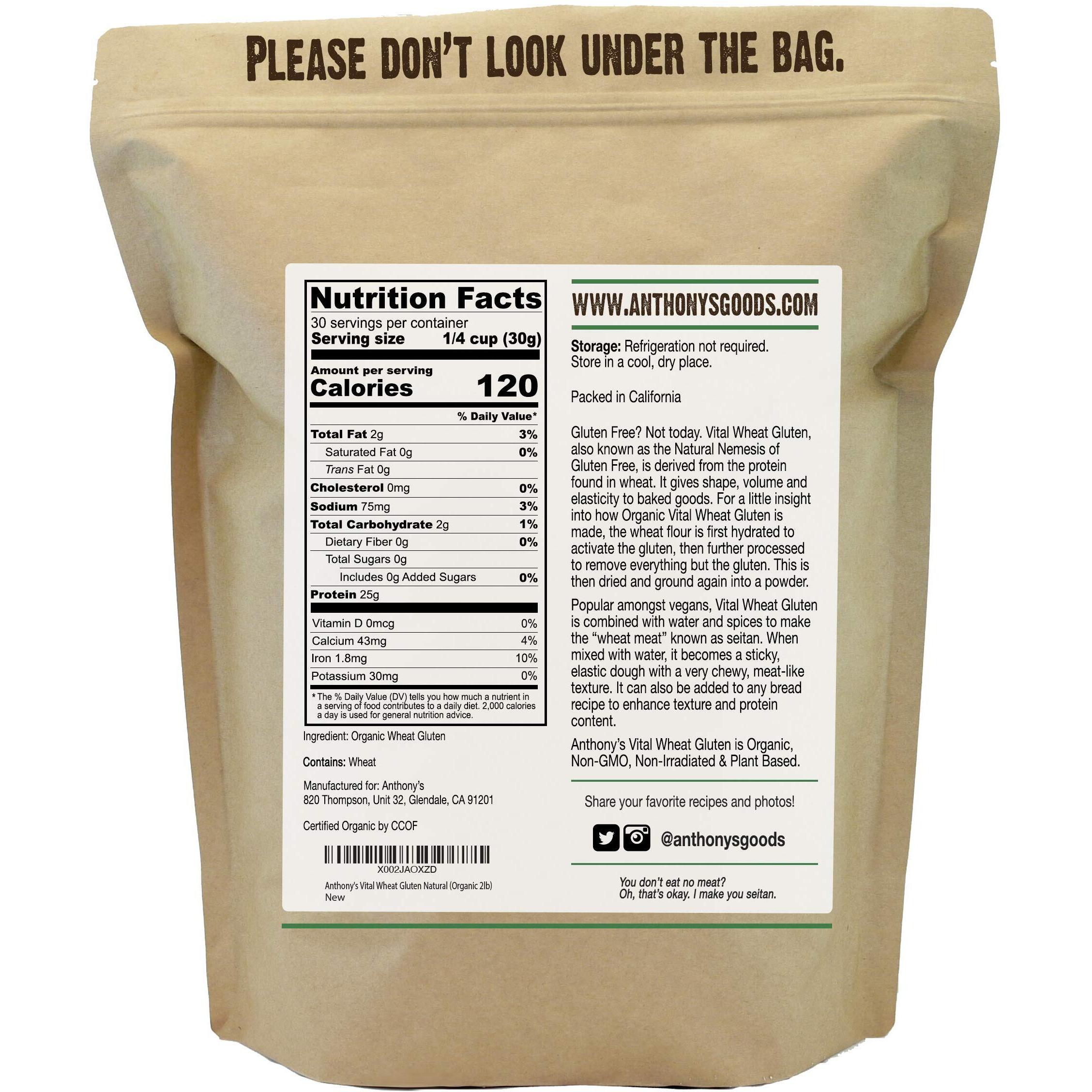 Anthony's Organic Vital Wheat Gluten, 2 Lb, High In Protein, Vegan, Non Gmo, Keto Friendly, Low Carb