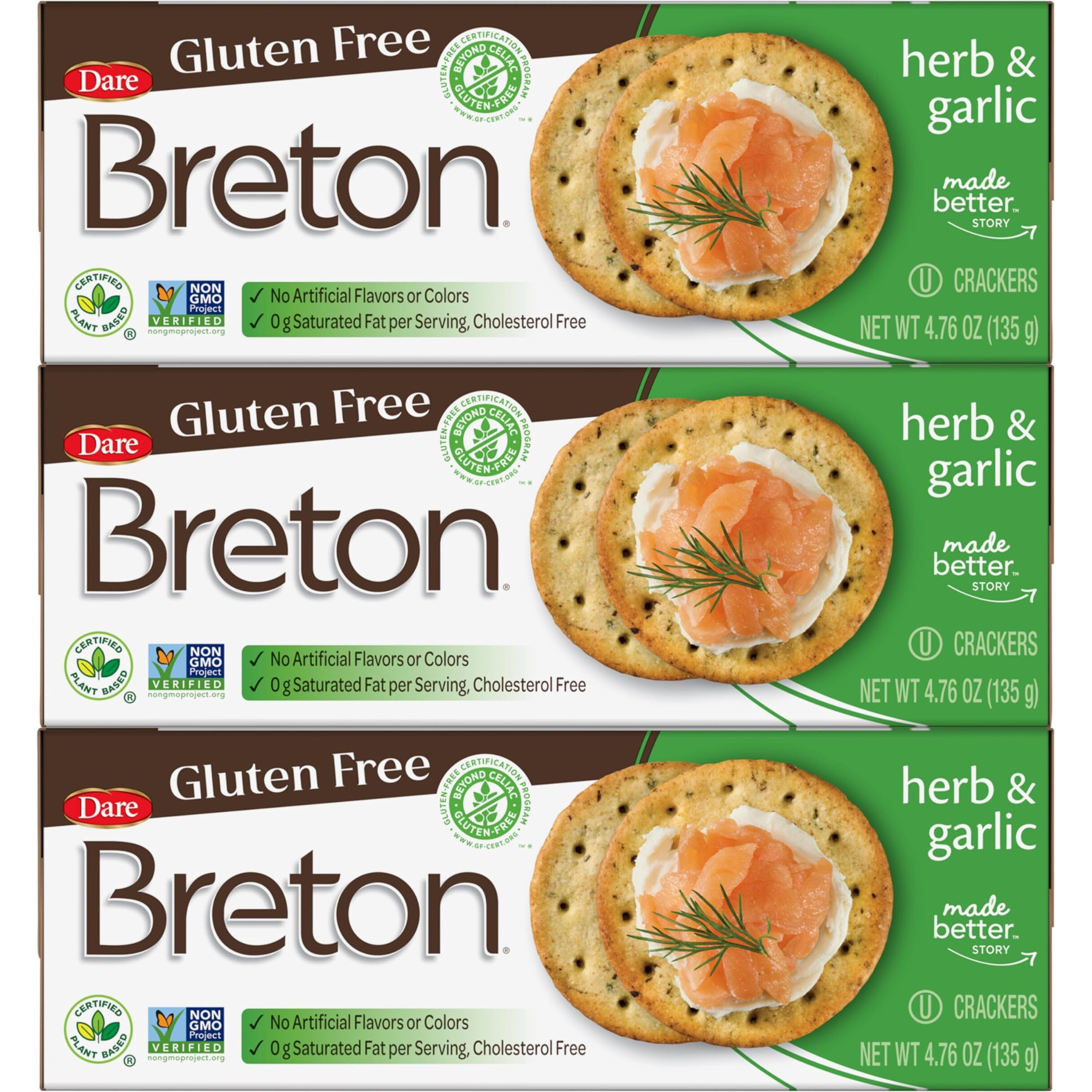 Breton Crackers, Gluten Free Herb & Garlic, Pack Of 3