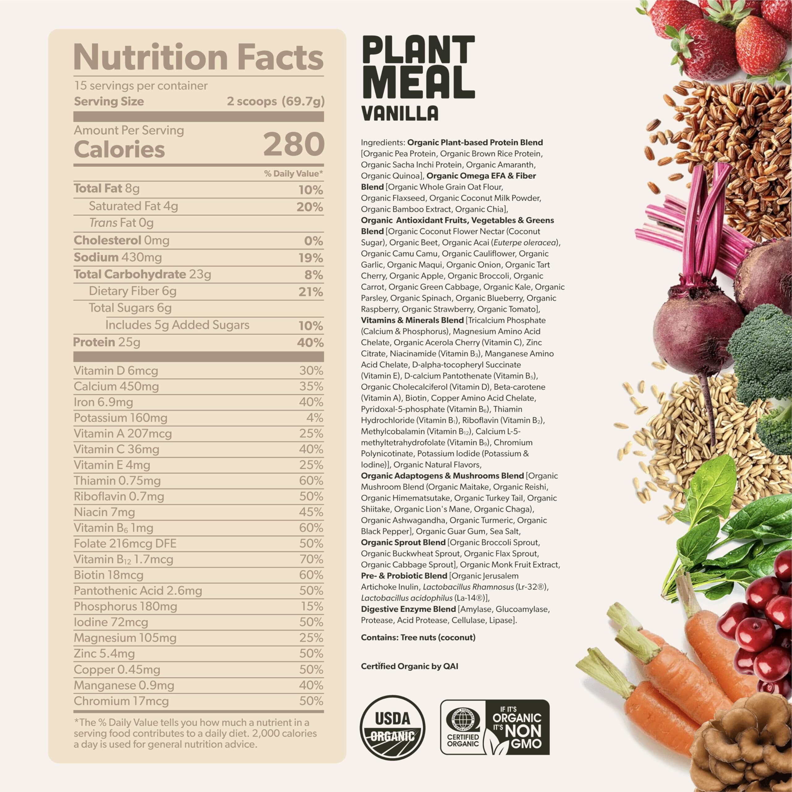 Plant Meal Replacement Shake - Vanilla - 25G Of Plant Based Vegan Protein Powder, 76+ Organic Superfoods, Vitamins & Minerals, Mushrooms, Super Greens, Digestive Enzymes & Probiotics - 15 Servings