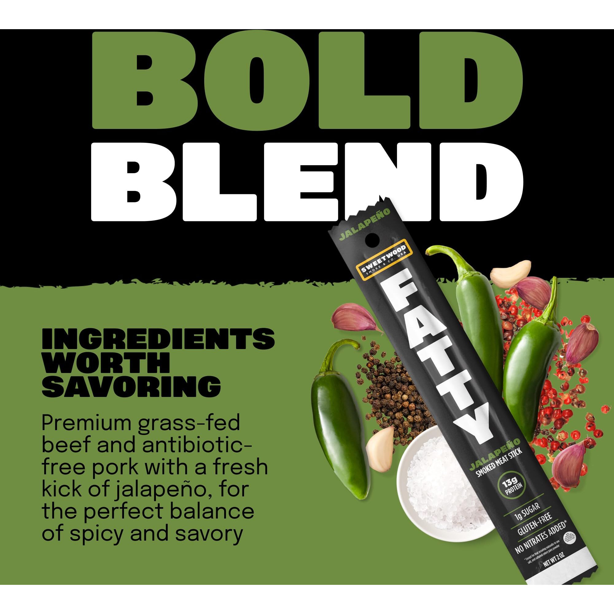 Fatty Meat Sticks, Grass-Fed Beef, High Protein Snack, Camping, Sports, Road Trip, Low Carb, Gluten Free, Msg Free, Nitrate Free, Jalapeno Flavor, 2 Ounce (Pack Of 20)