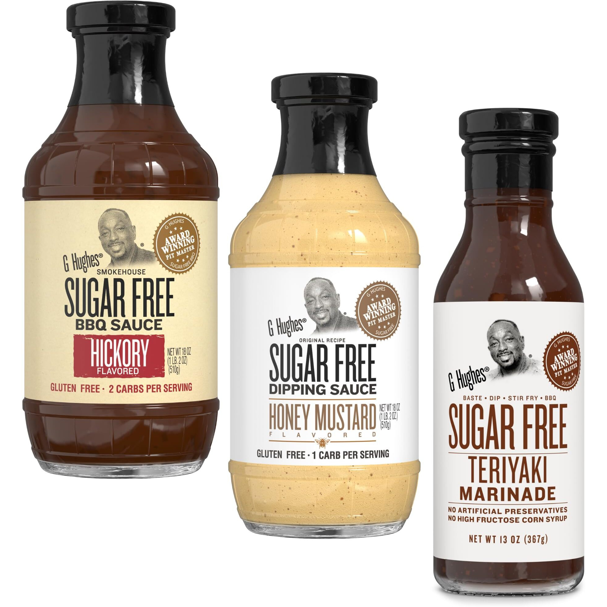 G Hughes Sugar Free Barbecue Sauces - Hickory Bbq Sugar Free Sauce - 18 Oz, Honey Mustard Sugar Free Dipping Sauce - 18 Oz, Sugar Free Teriyaki Marinade - 13 Oz, Gluten Free Bbq Sauces, Bbq (3-Pack)