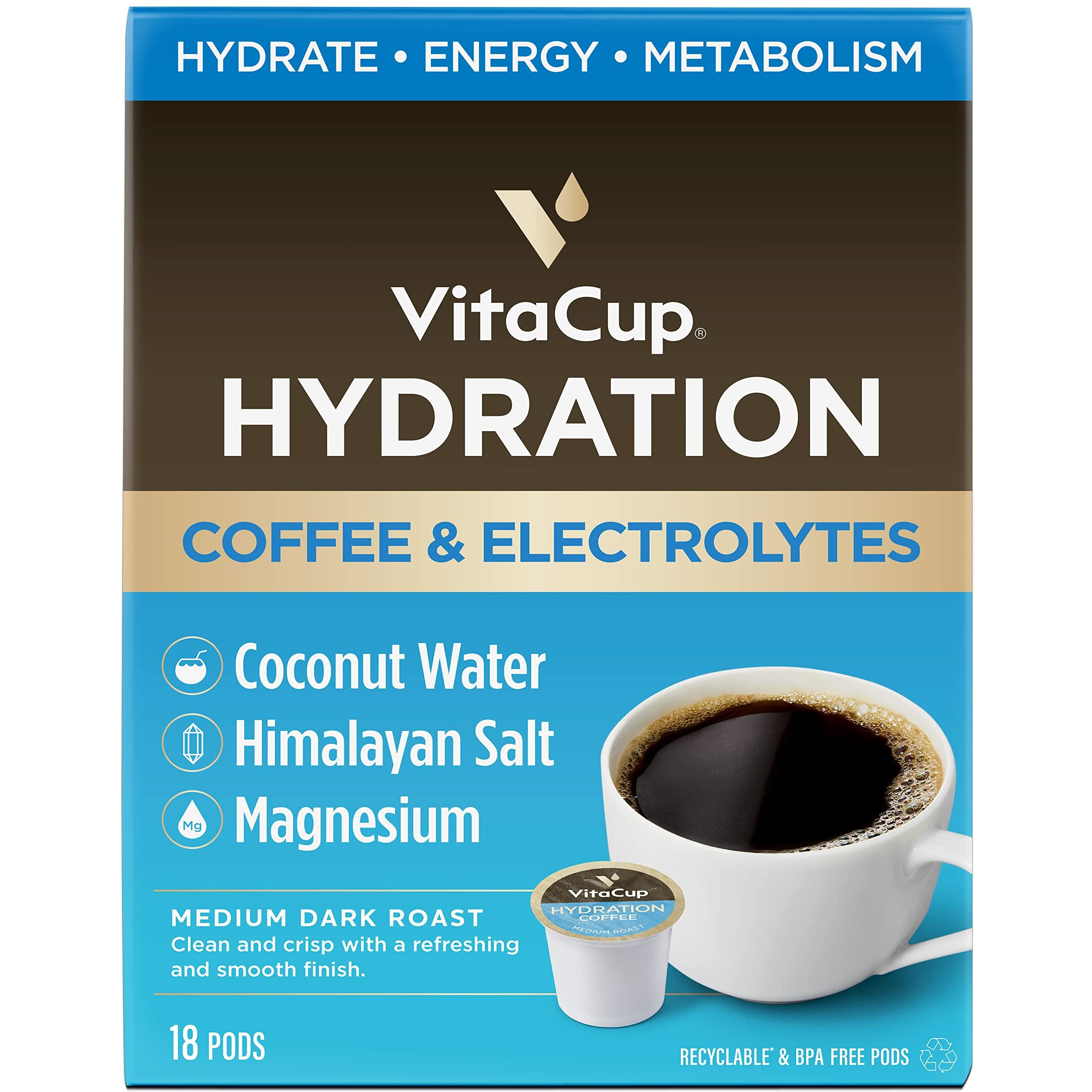 Vitacup Hydration Coffee Pods, The First Coffee That Hydrates You W/Electrolytes, Coconut Water, Pink Himalayan Salt, Magnesium, Medium Roast,Single Serve Pod Compatible W/Keurig K-Cup Brewers, 18Ct