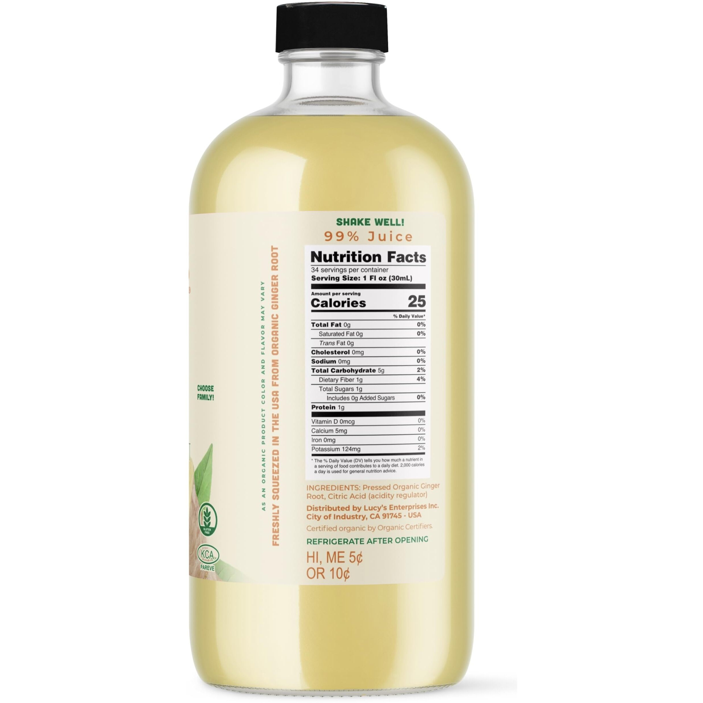 Lucys Family Owned - (Made From Fresh Pressed) Peruvian Organic 99% Pure Ginger Juice, 34 Oz. Glass Bottle