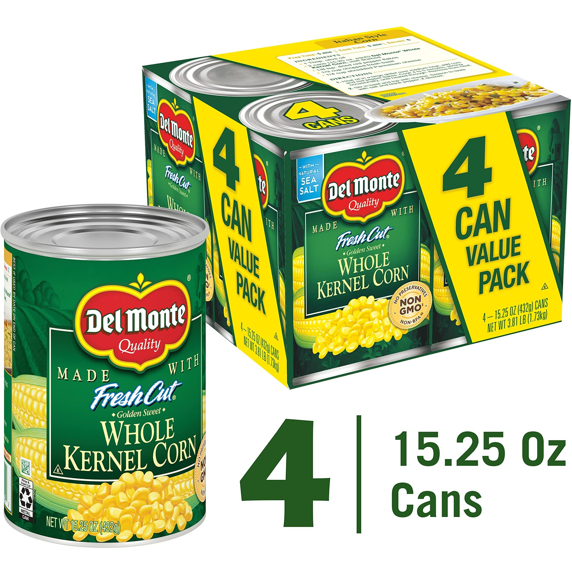 Del Monte Fresh Cut Golden Sweet Whole Kernel Corn Canned Vegetables, 15.25 Oz, Pack Of 4