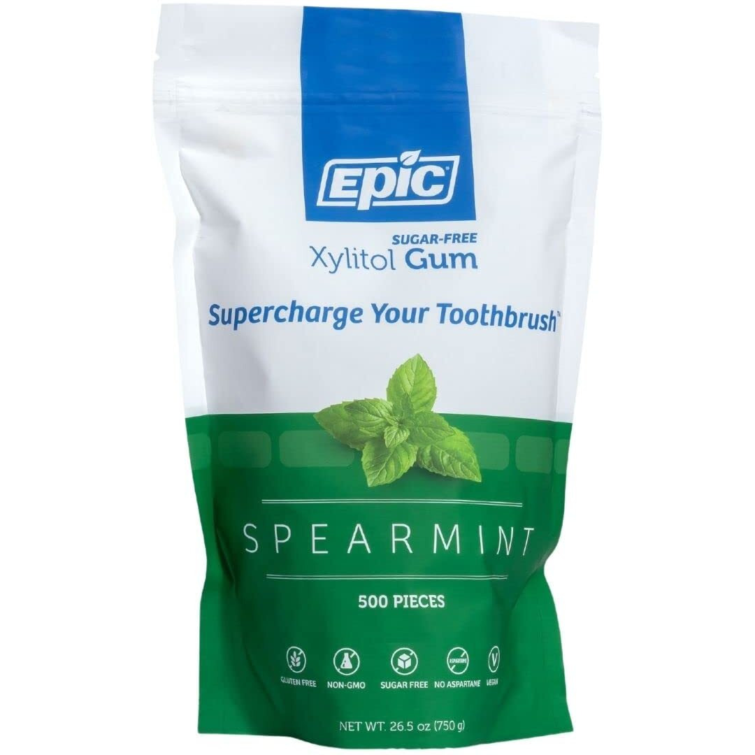 Epic Xylitol Chewing Gum - Sugar Free & Aspartame Free Chewing Gum Sweetened W/Xylitol For Dry Mouth & Gum Health (Spearmint, 500-Piece Bag, 1 Bag)
