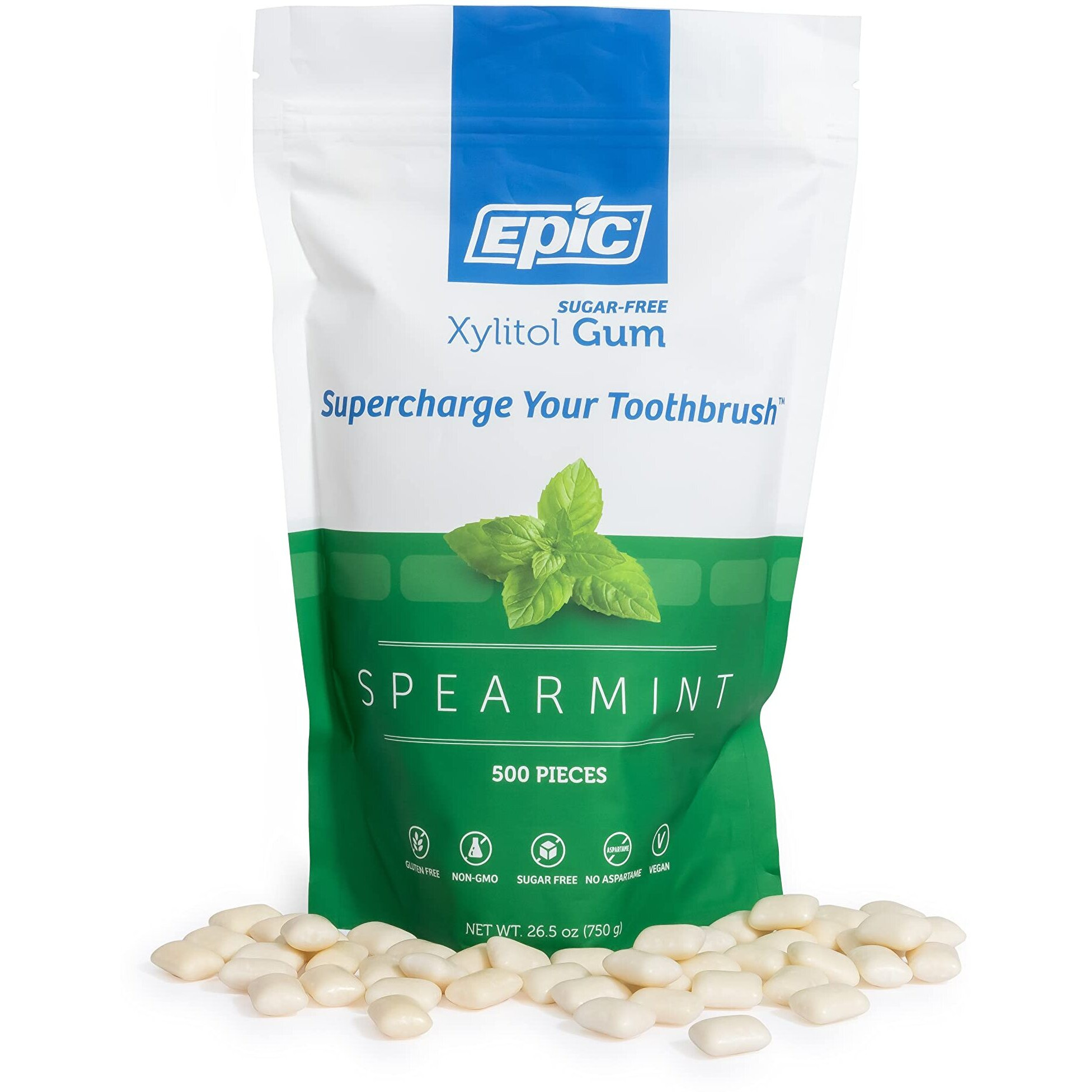 Epic Xylitol Chewing Gum - Sugar Free & Aspartame Free Chewing Gum Sweetened W/Xylitol For Dry Mouth & Gum Health (Spearmint, 500-Piece Bag, 1 Bag)