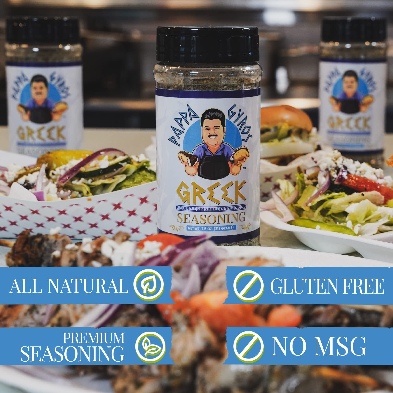 Pappa Gyros All Purpose Greek Seasoning Blend (No Msg) | Large Shaker 7.5 Oz | Authentic Mediterranean Seasoning & Spices | All Natural Greek Savory Herb & Spice Mix | Lamb, Chicken, Turkey, Souvlaki, Kebab, Salad, Greek Gyro Seasoning
