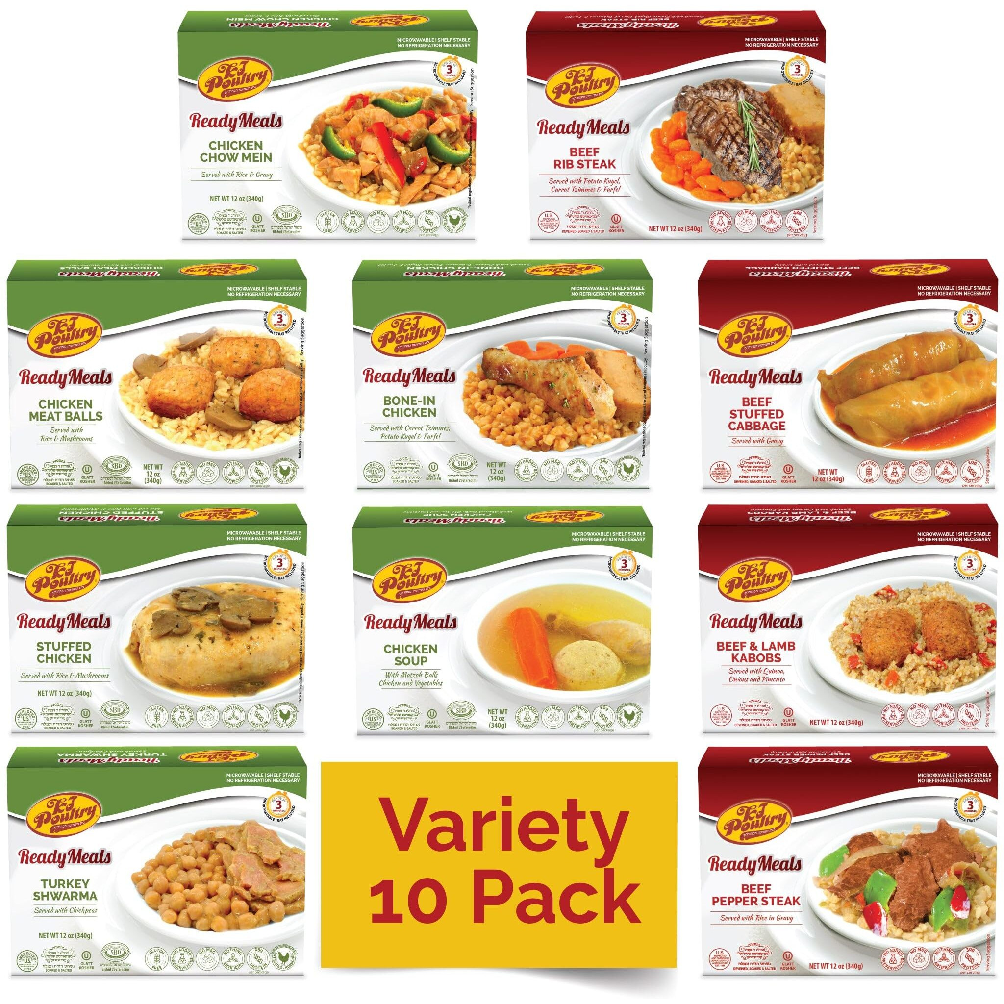 Kosher Mre Meat Meals Ready To Eat (10 Pack Variety - Beef, Chicken & Turkey) Prepared Entree Fully Cooked, Shelf Stable Microwave Dinner - Travel, Military, Camping, Emergency Survival Protein Food