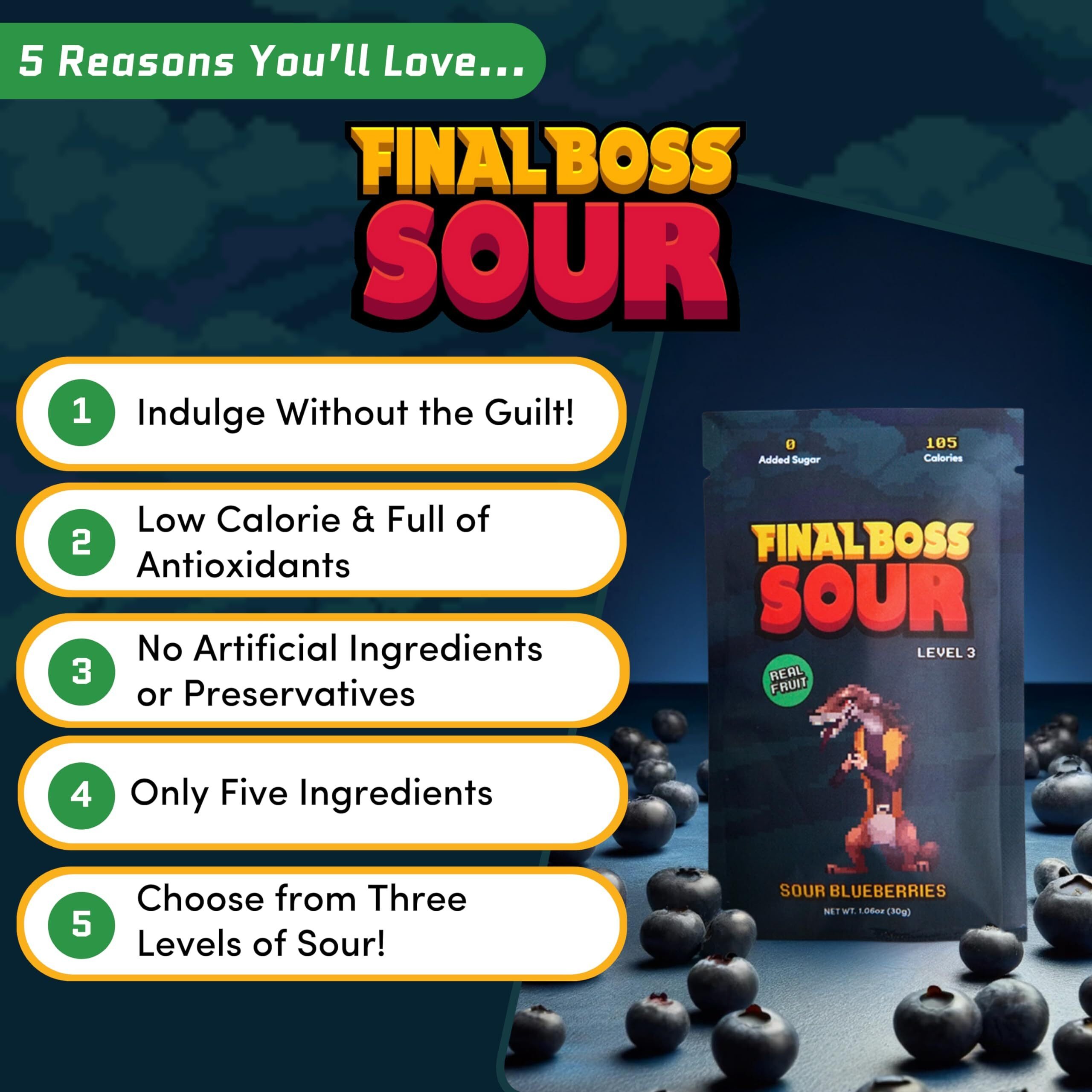 Final Boss Extremely Super Sour Candy, Natural Chewy Blueberry Gummies Made With Dried Fruit, Free Of Artificial Colors, Low Calorie Healthy Snack For Kids & Adults, 1.06Oz, 10 Pack (Lvl 3 Sourness)