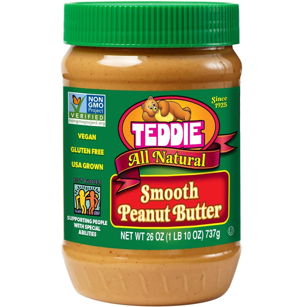 Teddie All Natural Peanut Butter, 26 Ounce 6 Pack, Gluten Free & Vegan, 26 Ounce Plastic Jar (26 Ounce (Pack Of 6), Smooth)