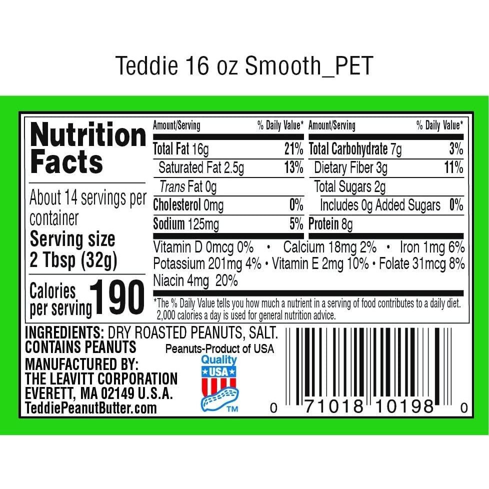 Teddie All Natural Peanut Butter, 26 Ounce 6 Pack, Gluten Free & Vegan, 26 Ounce Plastic Jar (26 Ounce (Pack Of 6), Smooth)