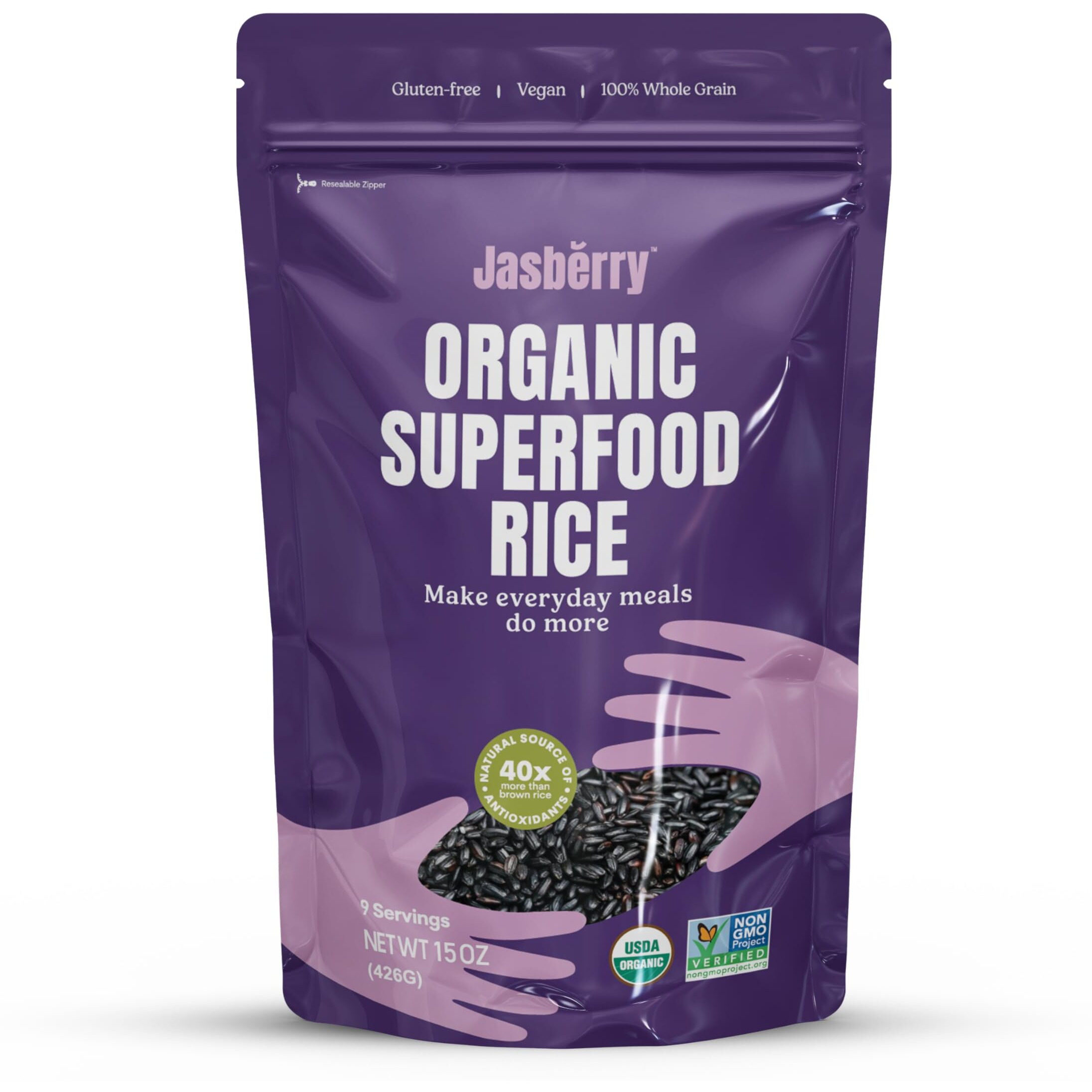 Jasberry - Organic Superfood Rice, Soft & Aromatic Whole Grain Purple Rice, High In Antioxidants, Non-Gmo, Gluten-Free, Easy To Cook, Versatile Usda Certified Organic, Vegan (15 Oz Resealable Zip Bag)
