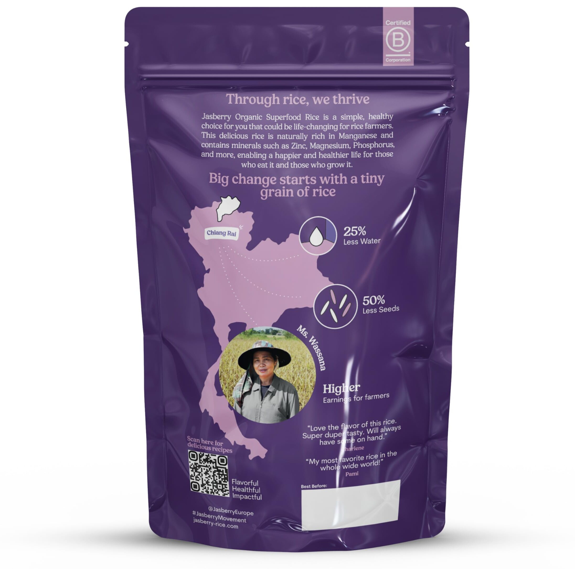 Jasberry - Organic Superfood Rice, Soft & Aromatic Whole Grain Purple Rice, High In Antioxidants, Non-Gmo, Gluten-Free, Easy To Cook, Versatile Usda Certified Organic, Vegan (15 Oz Resealable Zip Bag)