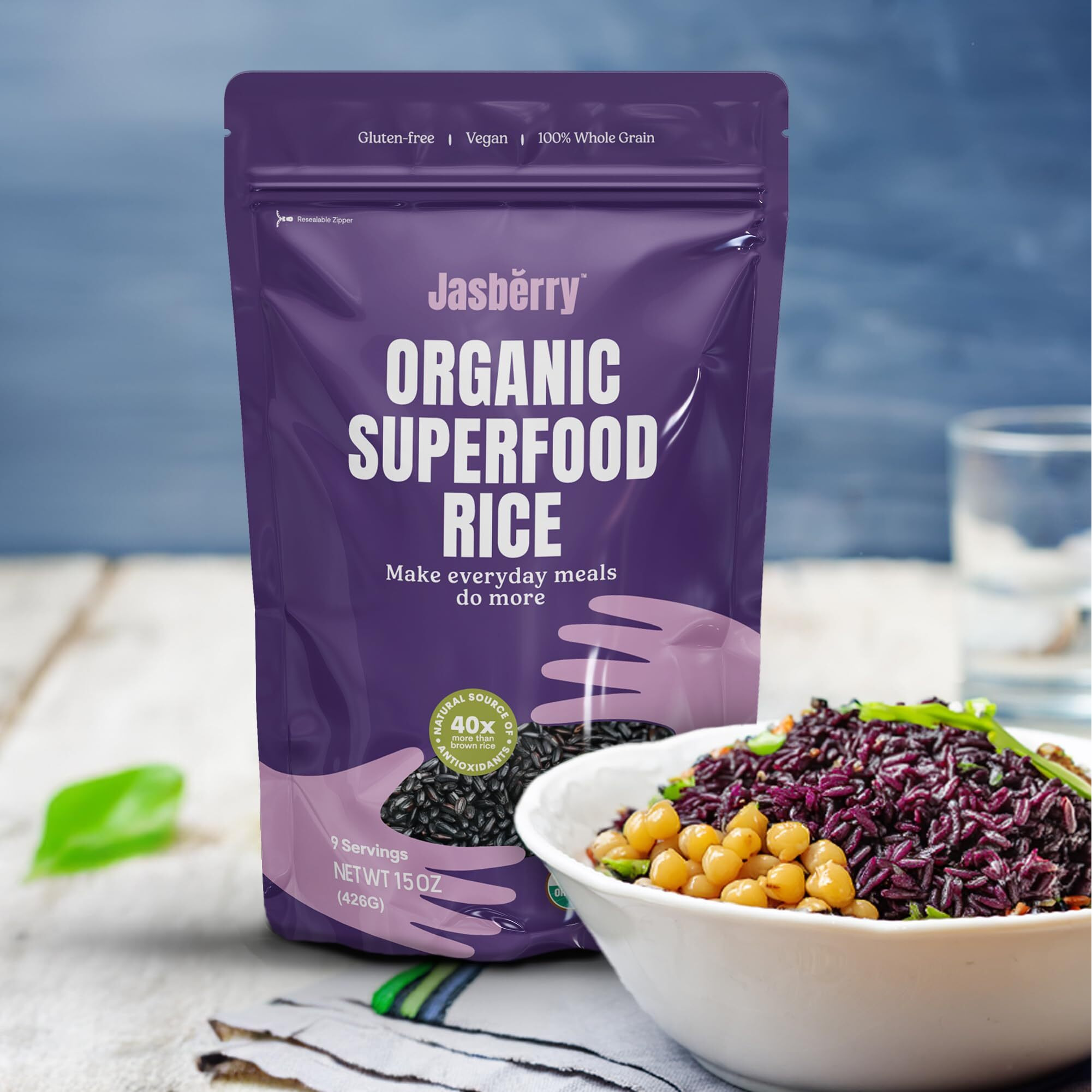 Jasberry - Organic Superfood Rice, Soft & Aromatic Whole Grain Purple Rice, High In Antioxidants, Non-Gmo, Gluten-Free, Easy To Cook, Versatile Usda Certified Organic, Vegan (15 Oz Resealable Zip Bag)