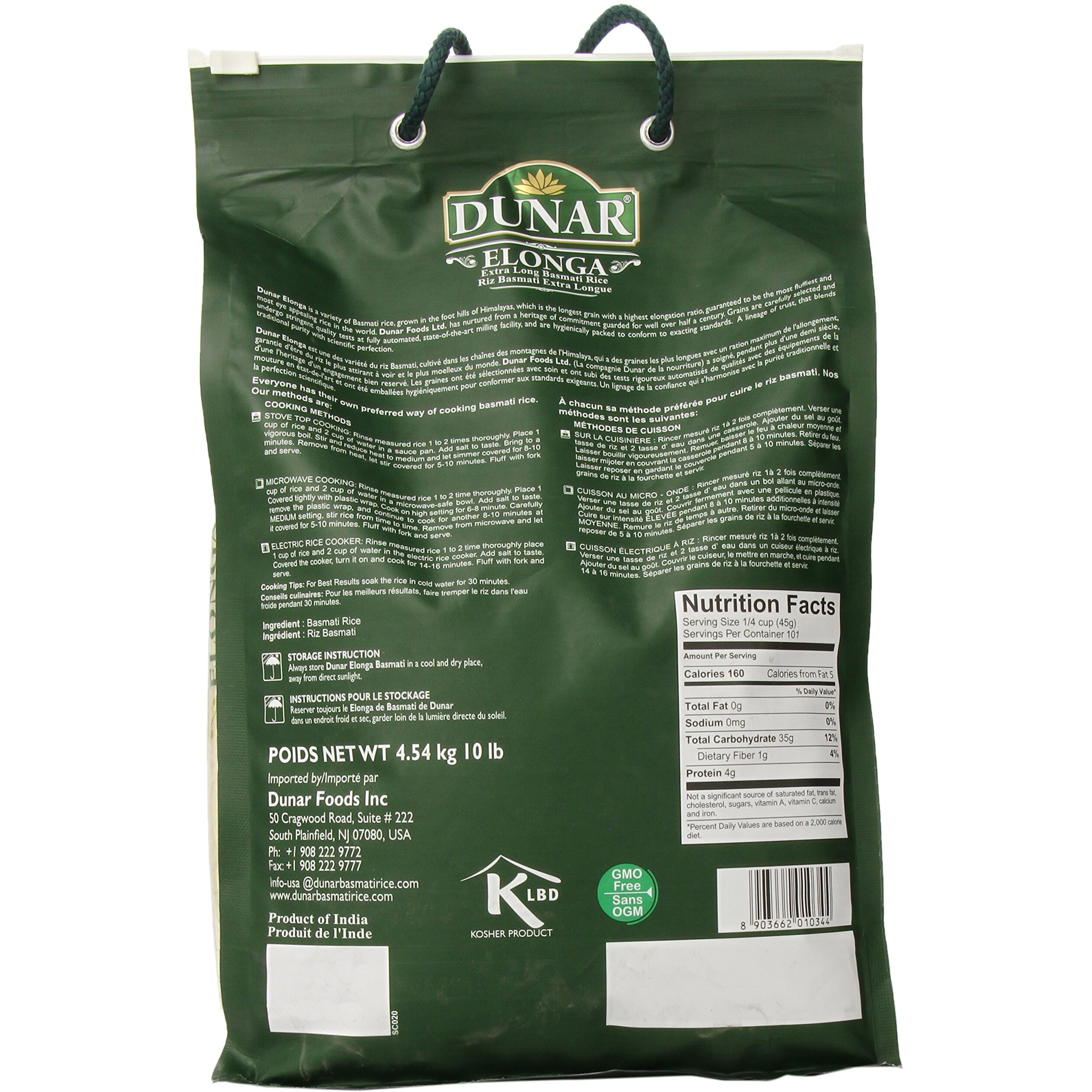 Dunar - Elonga Basmati Rice Premium 1121 Long Grain, 10 Lb