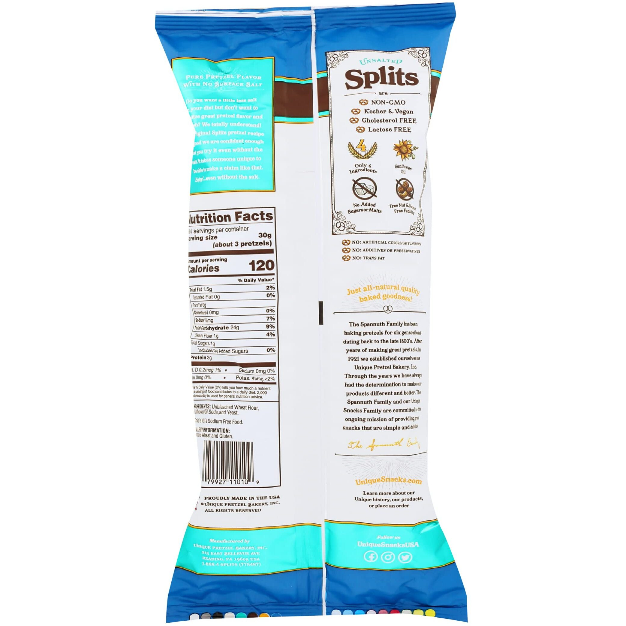 Unique Snacks- Unsalted Splits Pretzels, Homestyle Baked, Certified Ou Kosher And Non-Gmo, 11 Oz Bag (6 Pack) No Artificial Flavors 66 Ounce