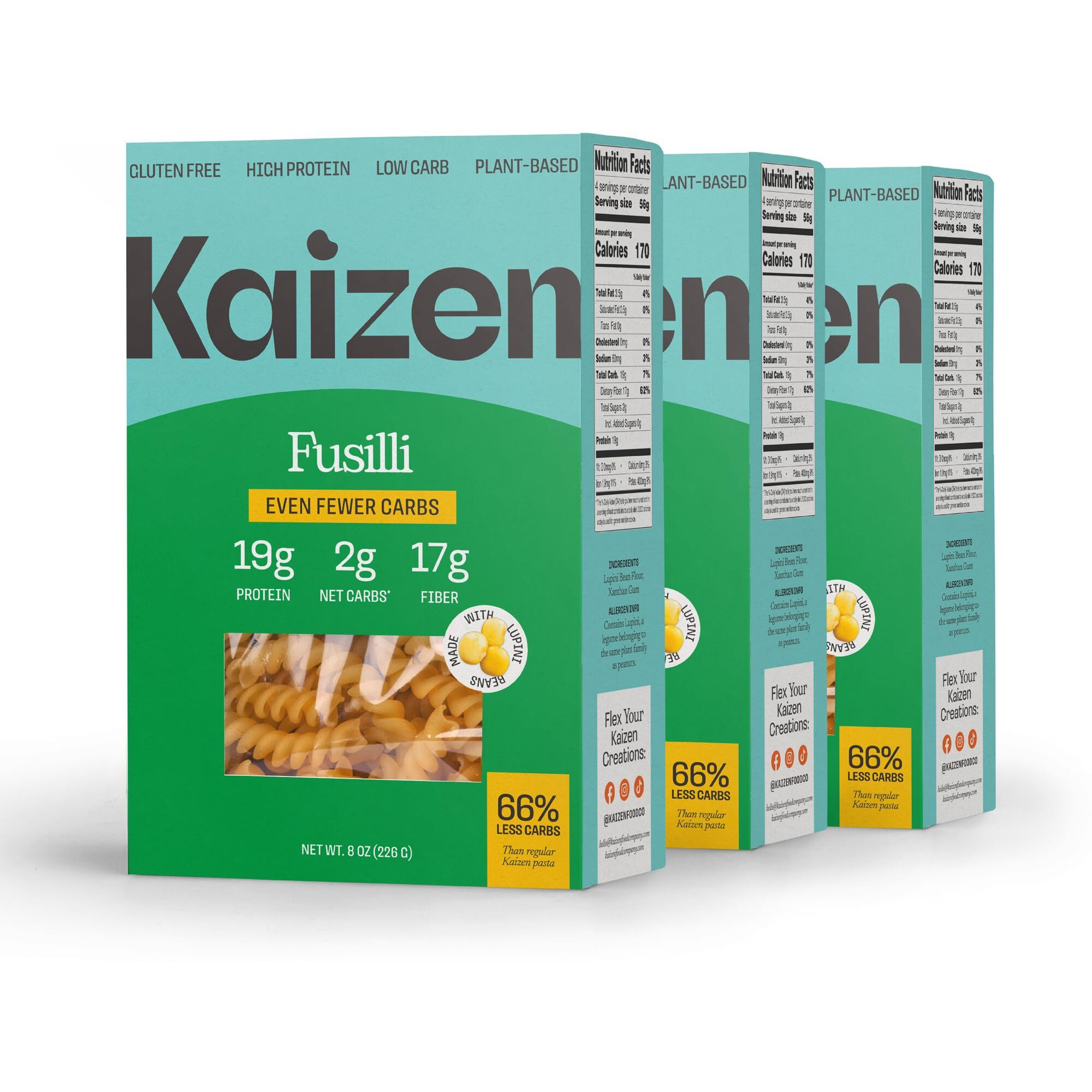 Kaizen Keto Pasta Fusilli - 2 Net Carbs, 19G Protein - Gluten-Free, Keto Pasta Made With High Fiber Lupini Flour - 8 Ounces (Pack Of 3)
