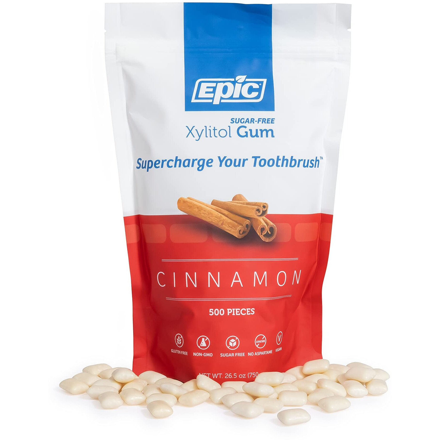 Epic Xylitol Chewing Gum - Sugar Free & Aspartame Free Chewing Gum Sweetened W/Xylitol For Dry Mouth & Gum Health (Cinnamon, 500-Piece Bag, 1 Bag)