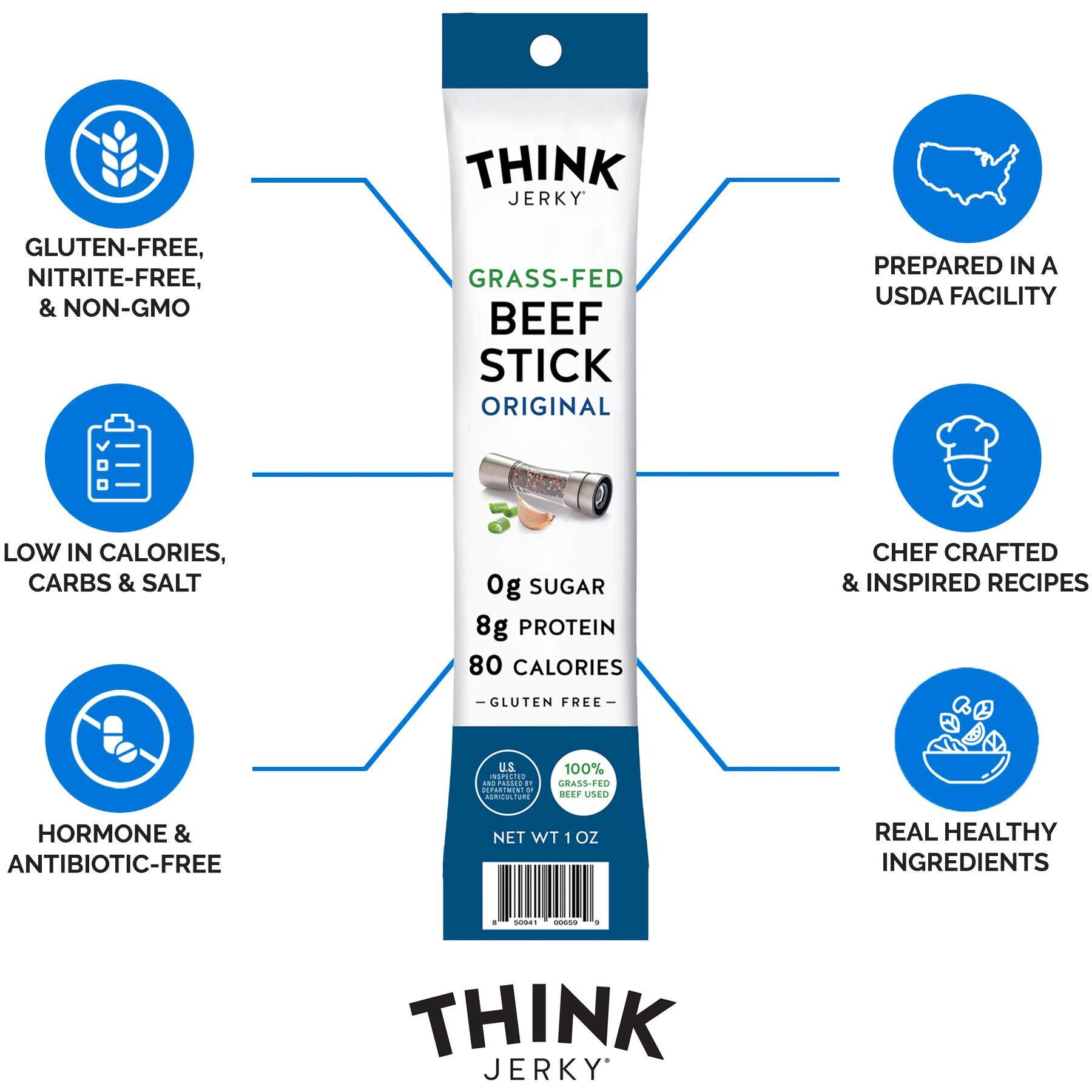 Think Jerky, Original Grass-Fed Beef Sticks (1.0 Ounce Sticks, Pack Of 20 Sticks) - Sugar Free, Gluten Free, Non Gmo, No Nitrates, Keto Friendly, Paleo, High Protein, Low Carb