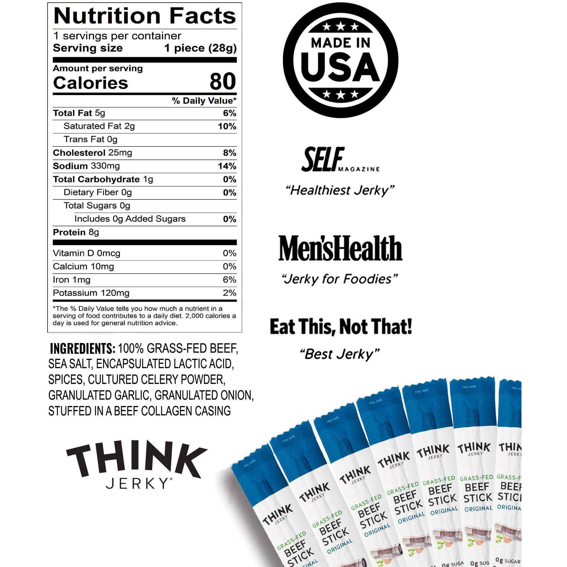 Think Jerky, Original Grass-Fed Beef Sticks (1.0 Ounce Sticks, Pack Of 20 Sticks) - Sugar Free, Gluten Free, Non Gmo, No Nitrates, Keto Friendly, Paleo, High Protein, Low Carb