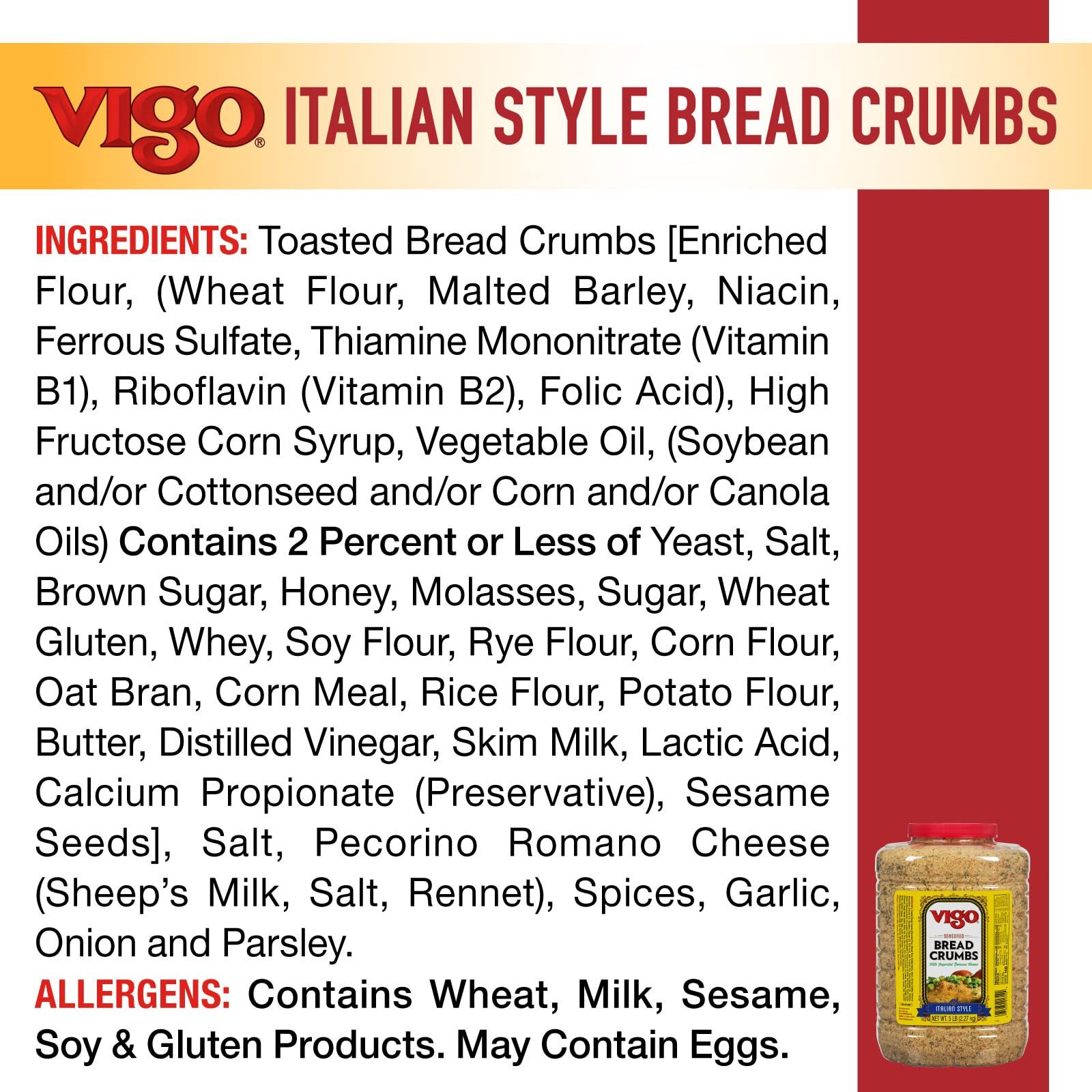 Vigo Italian Style Seasoned Bread Crumbs, With Imported Roman Cheese, 5 Pound (Pack Of 1)