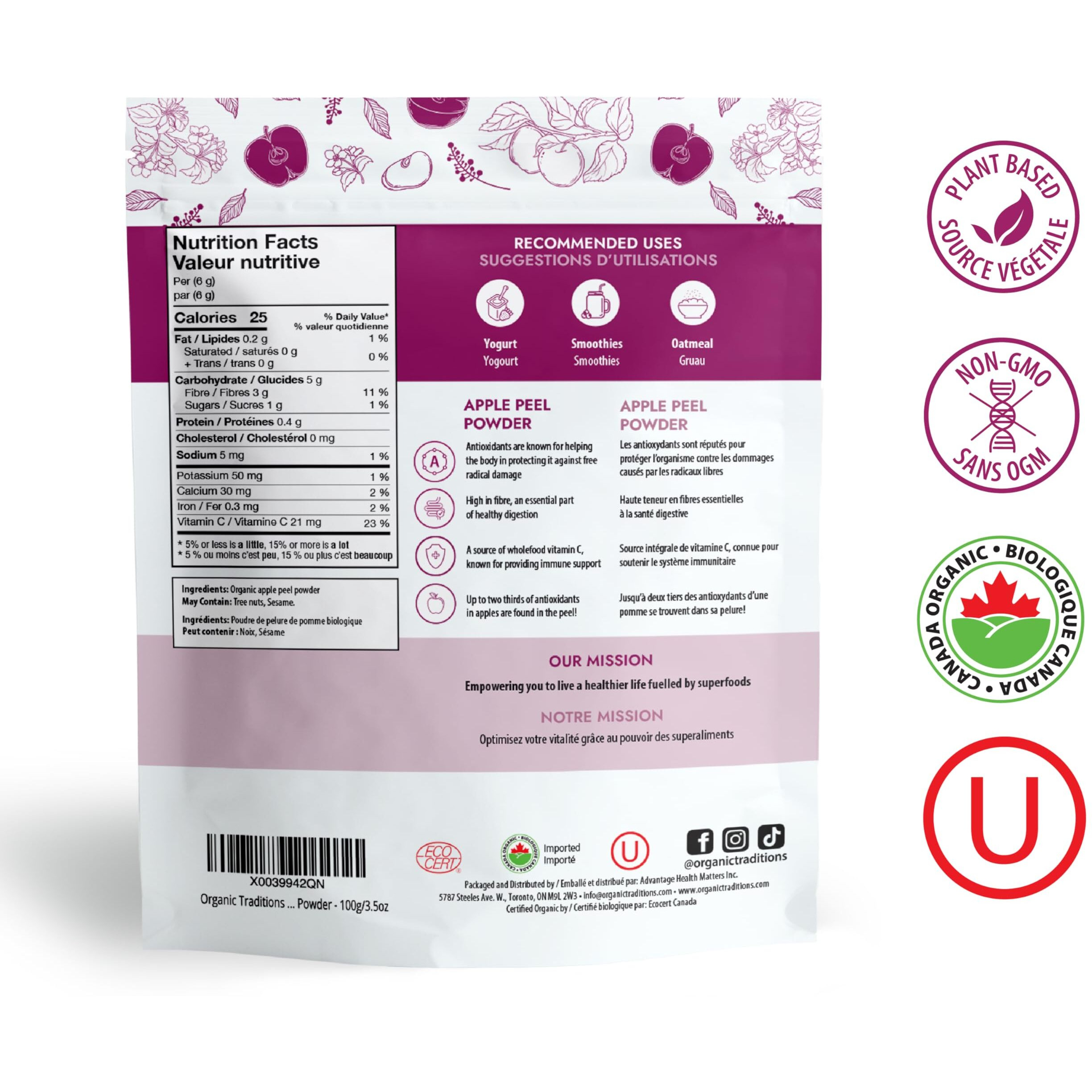 Organic Traditions Organic Apple Peel Powder Organic Apple Powder, Vegan Non-Gmo Powdered Fruit, 3.5Oz (100G)