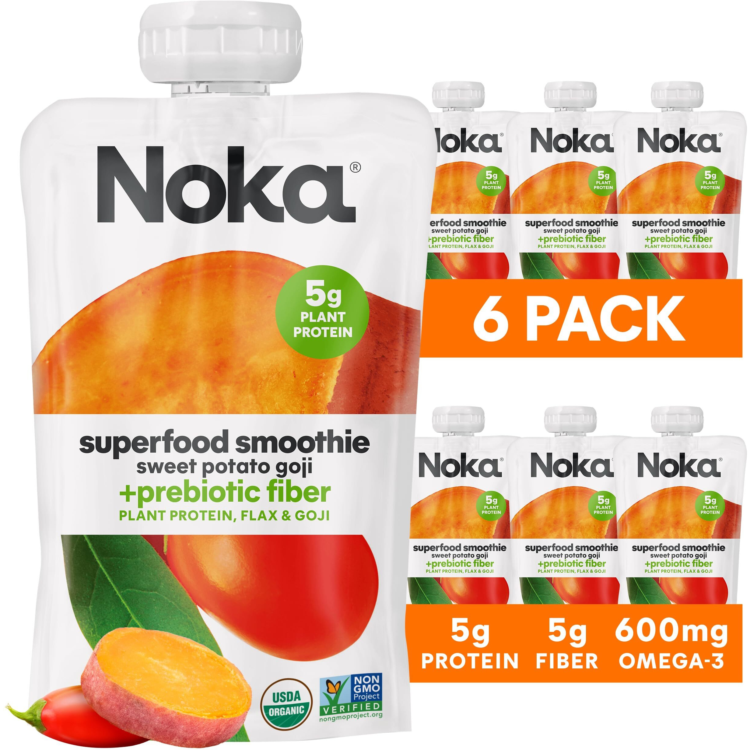 Noka Superfood Pouches (Sweet Potato Goji) 6 Pack | 100% Organic Fruit And Veggie Smoothie Squeeze Packs | Non Gmo, Gluten Free, Vegan, 5G Plant Protein | 4.2Oz Each