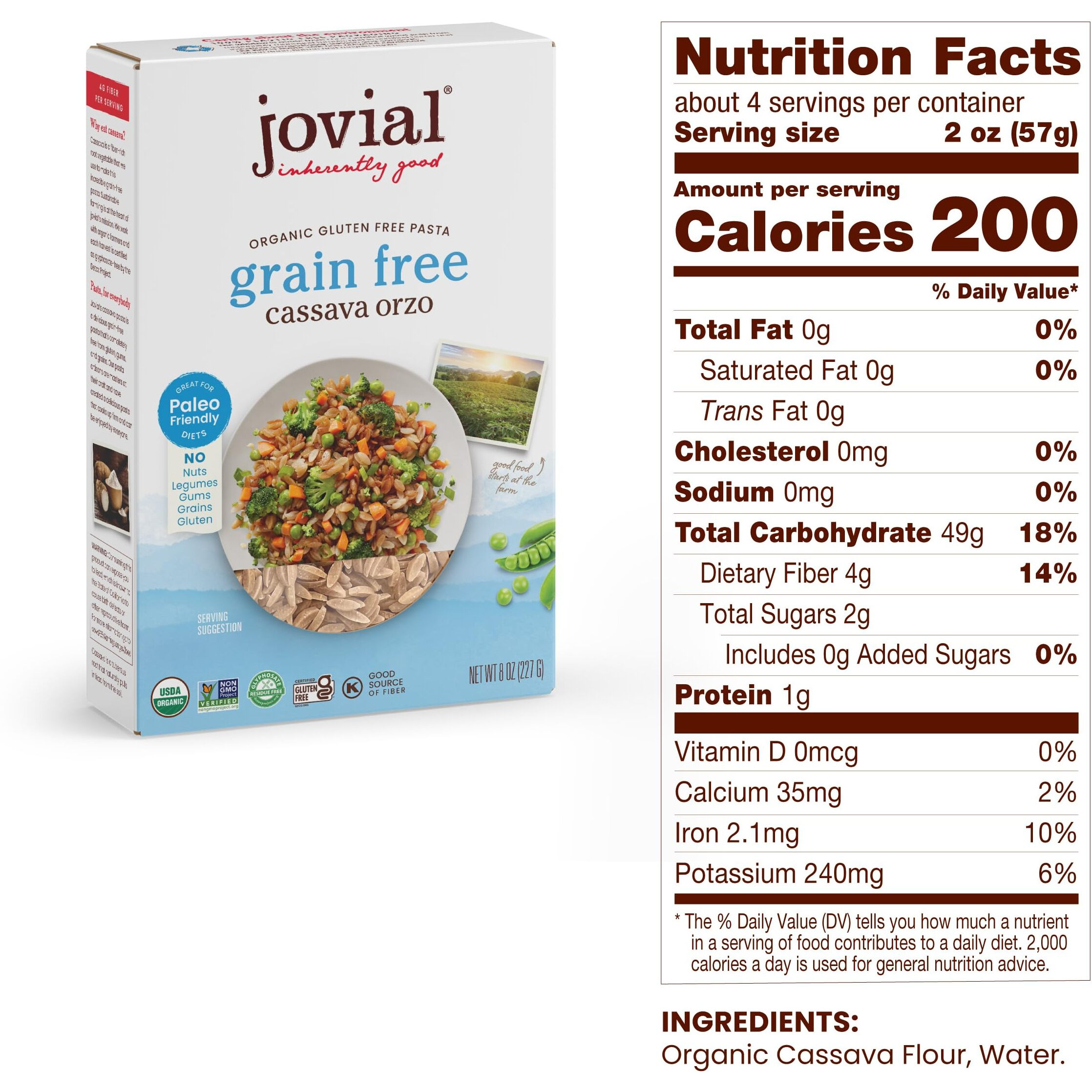 Jovial Grain-Free Cassava Orzo - Gluten Free Orzo Pasta, Cassava Pasta, Paleo Pasta, Grain-Free, 100% Organic Pasta, Usda Certified Organic, Non-Gmo, High-Fiber - 8 Oz, 1 Pack