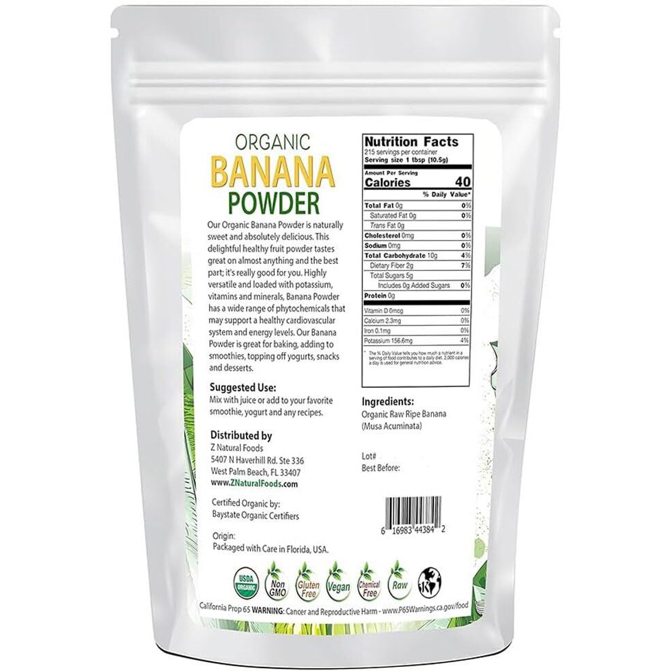 Z Natural Foods Organic Banana Powder, Fiber Supplement For Glowing Skin And Enhanced Immunity, Great In Juice, Smoothies, And Recipes, Non-Gmo, Vegan, Gluten-Free, Kosher, 1 Lb.