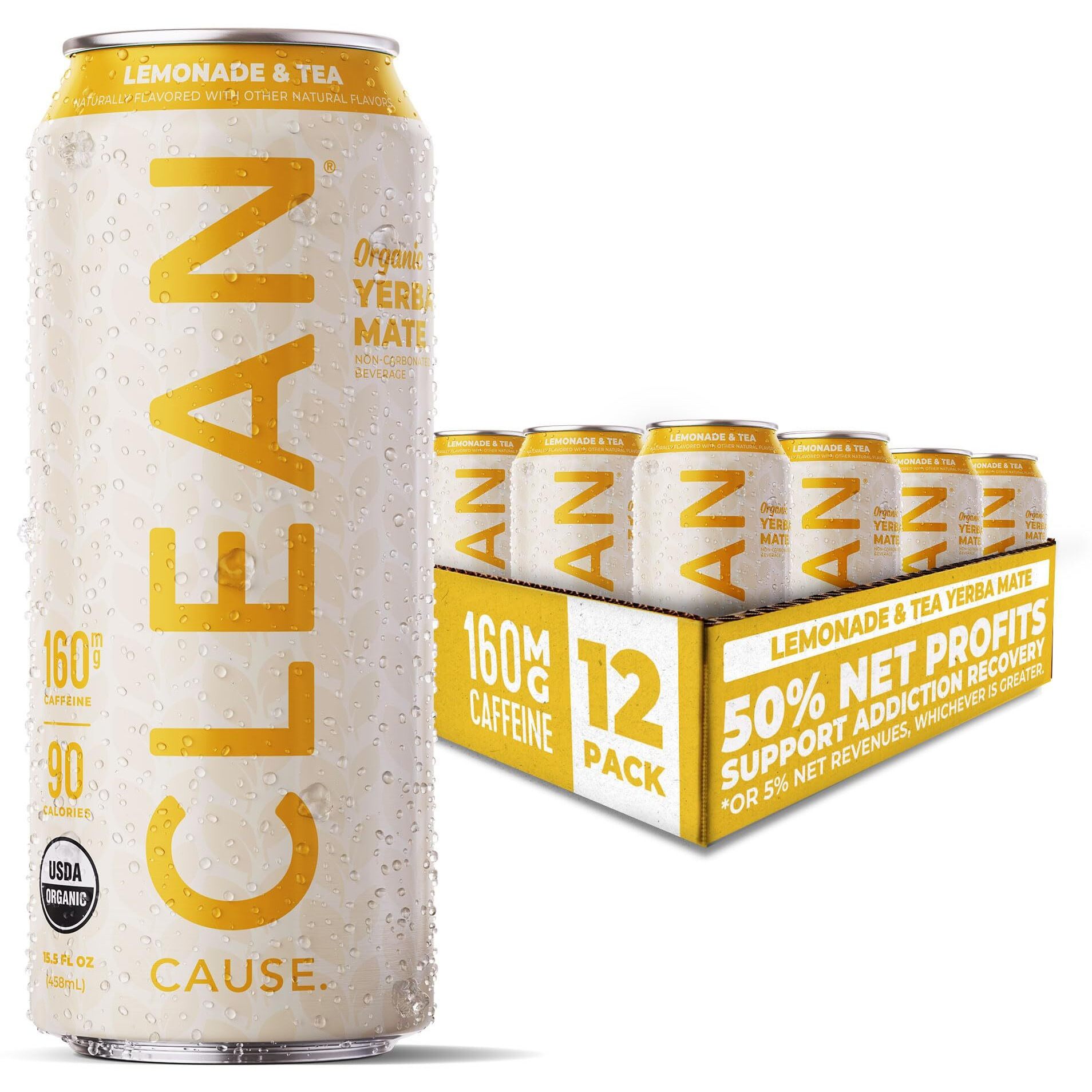 New Clean Cause Lemonade & Tea Usda Organic Yerba Mate Tea (15.5Oz Cans, 12-Pack Case) Non-Carbonated, 160Mg Caffeine