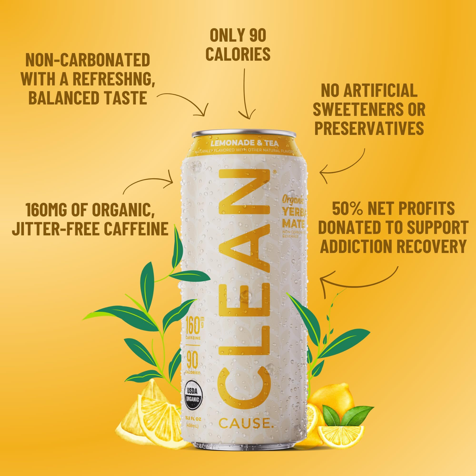 New Clean Cause Lemonade & Tea Usda Organic Yerba Mate Tea (15.5Oz Cans, 12-Pack Case) Non-Carbonated, 160Mg Caffeine