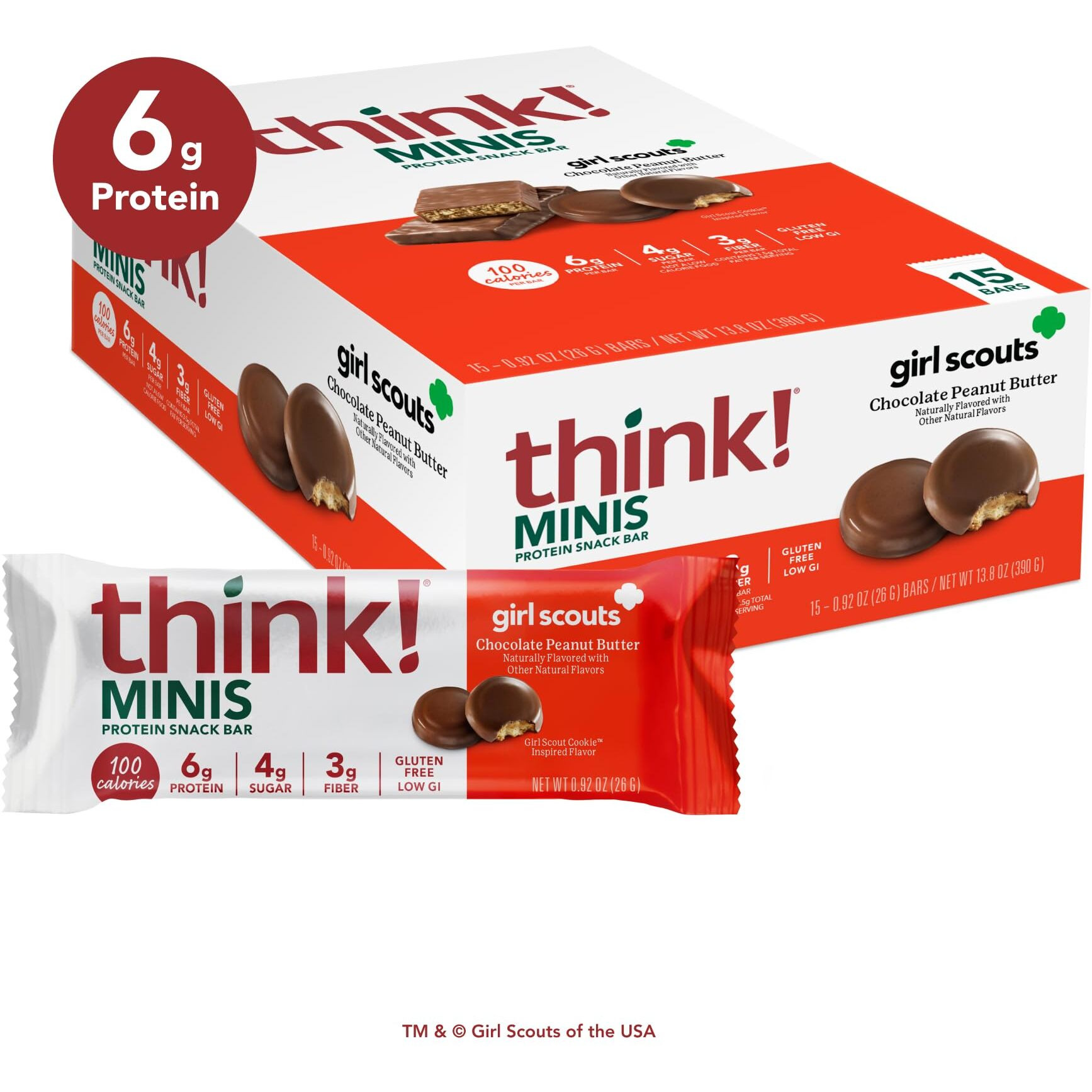 Think Minis Protein Snack Bars, Gluten Free, Girl Scouts Chocolate Peanut Butter, 15 Count